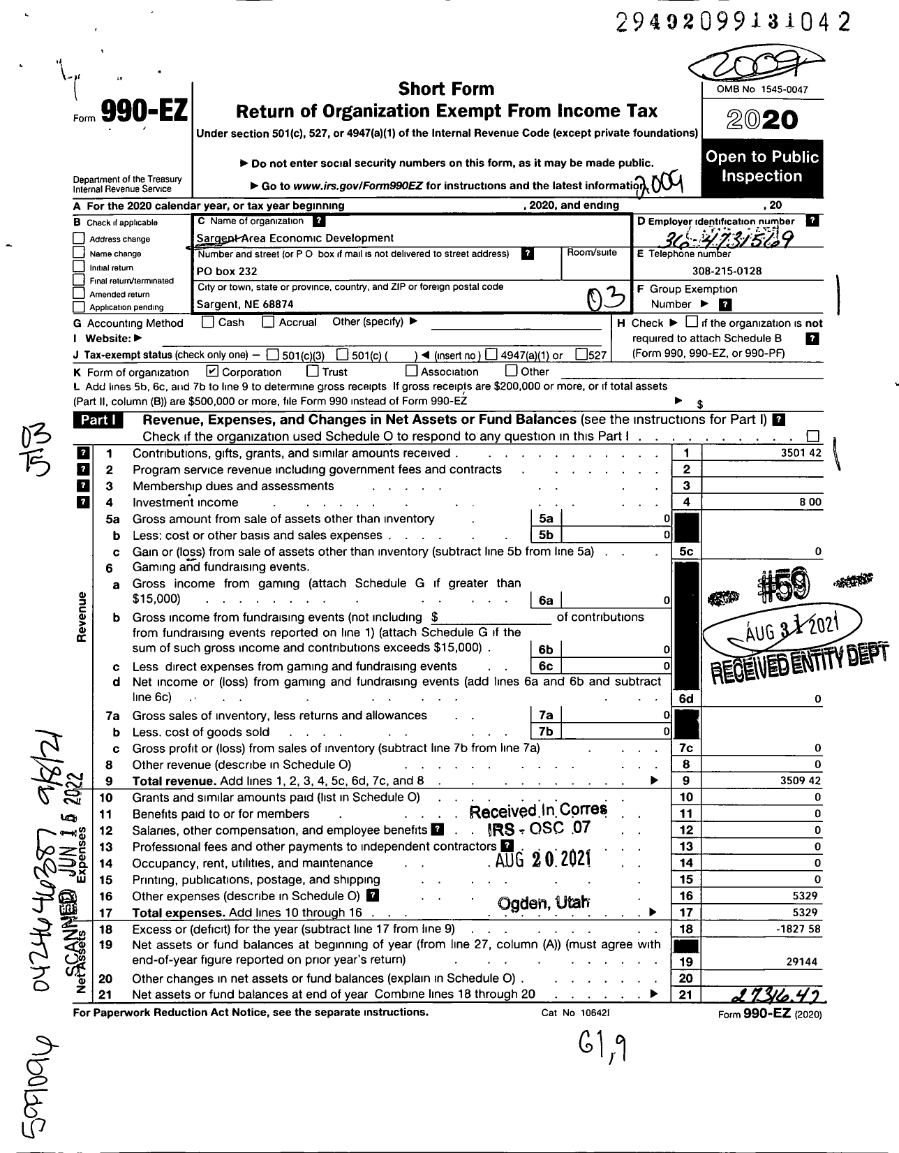 Image of first page of 2019 Form 990EZ for Sargent Area Economic Development