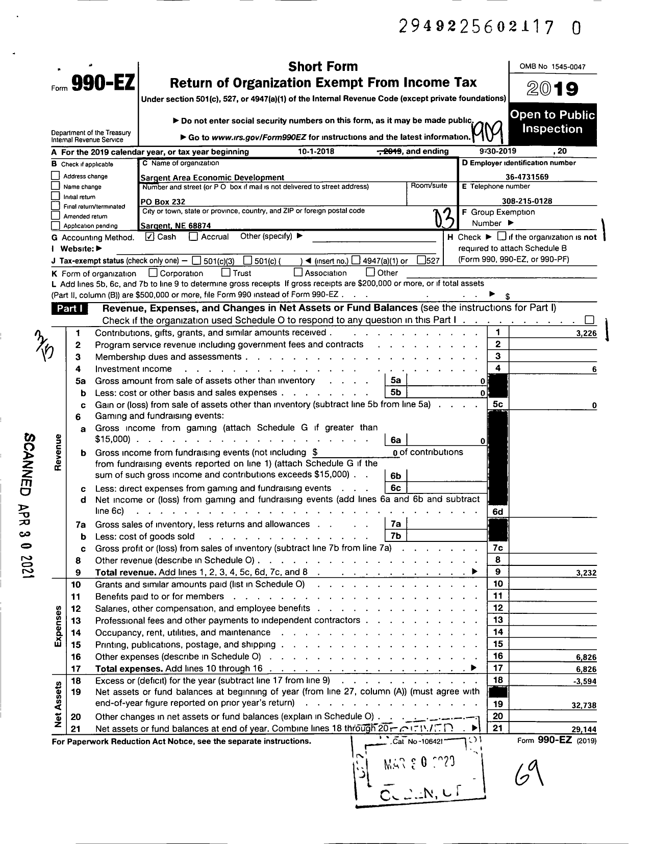 Image of first page of 2018 Form 990EZ for Sargent Area Economic Development