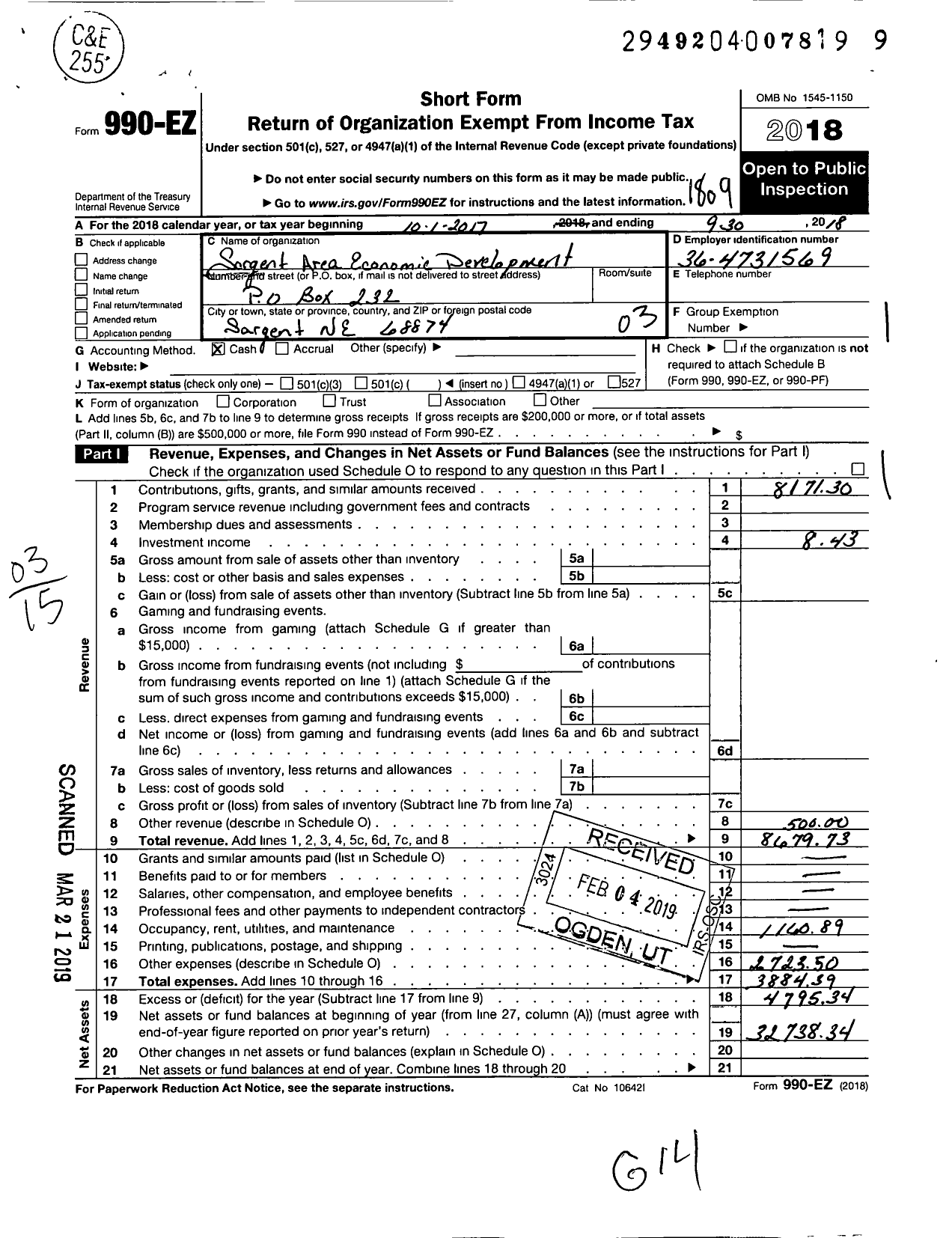 Image of first page of 2017 Form 990EZ for Sargent Area Economic Development