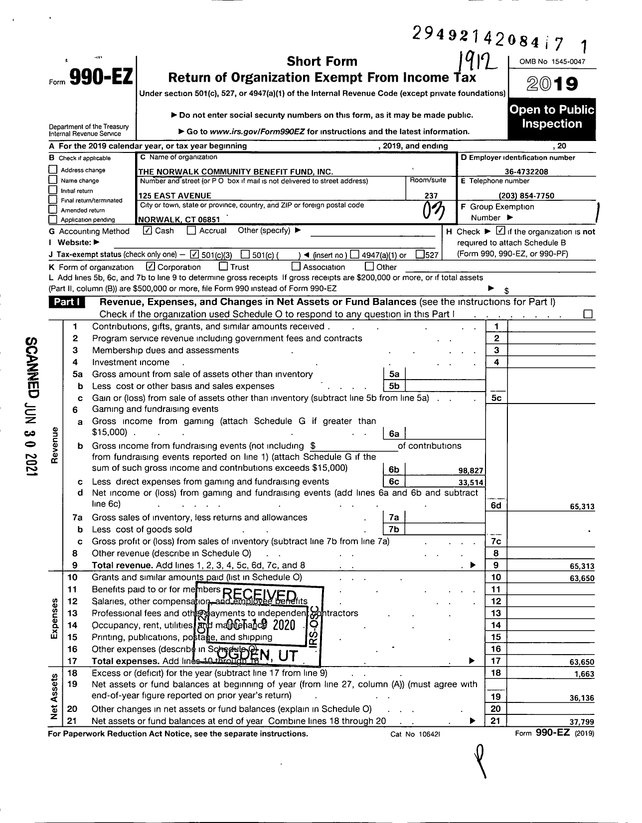 Image of first page of 2019 Form 990EZ for Norwalk Community Benefit Fund