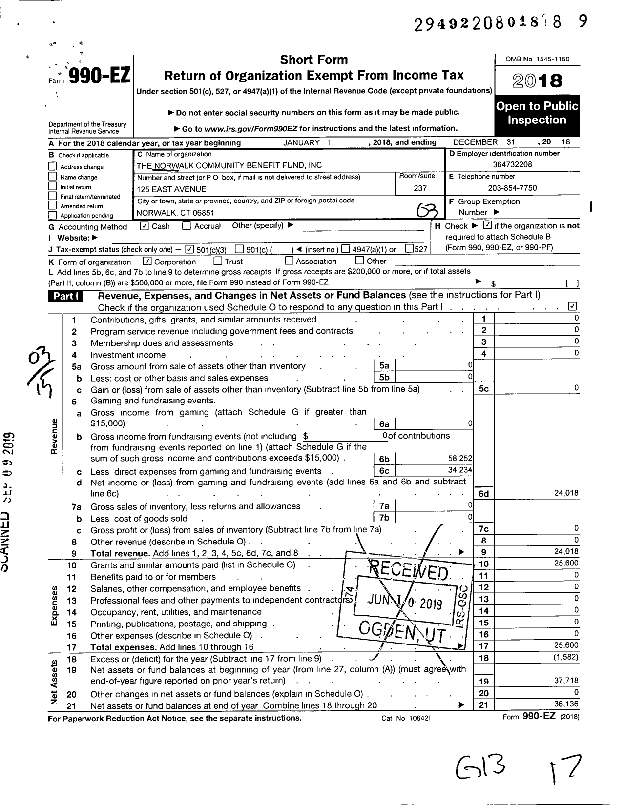 Image of first page of 2018 Form 990EZ for Norwalk Community Benefit Fund