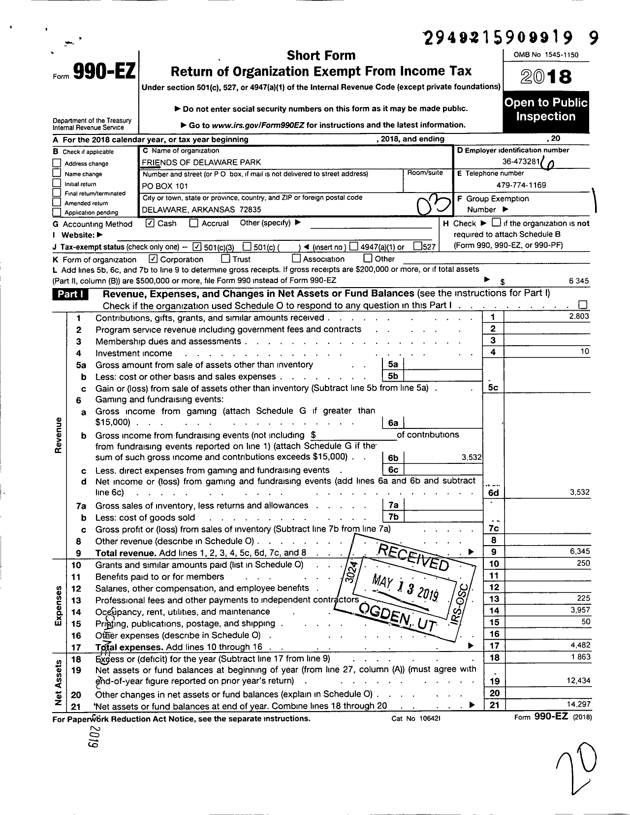 Image of first page of 2018 Form 990EZ for Friends of Delaware Park