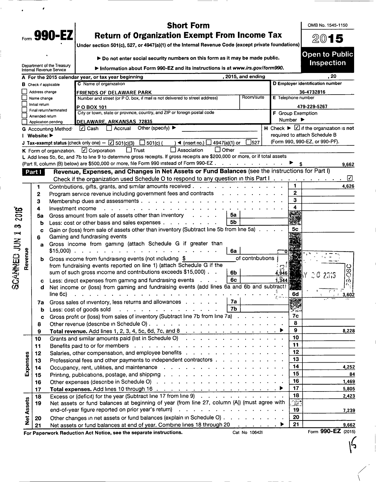 Image of first page of 2015 Form 990EZ for Friends of Delaware Park