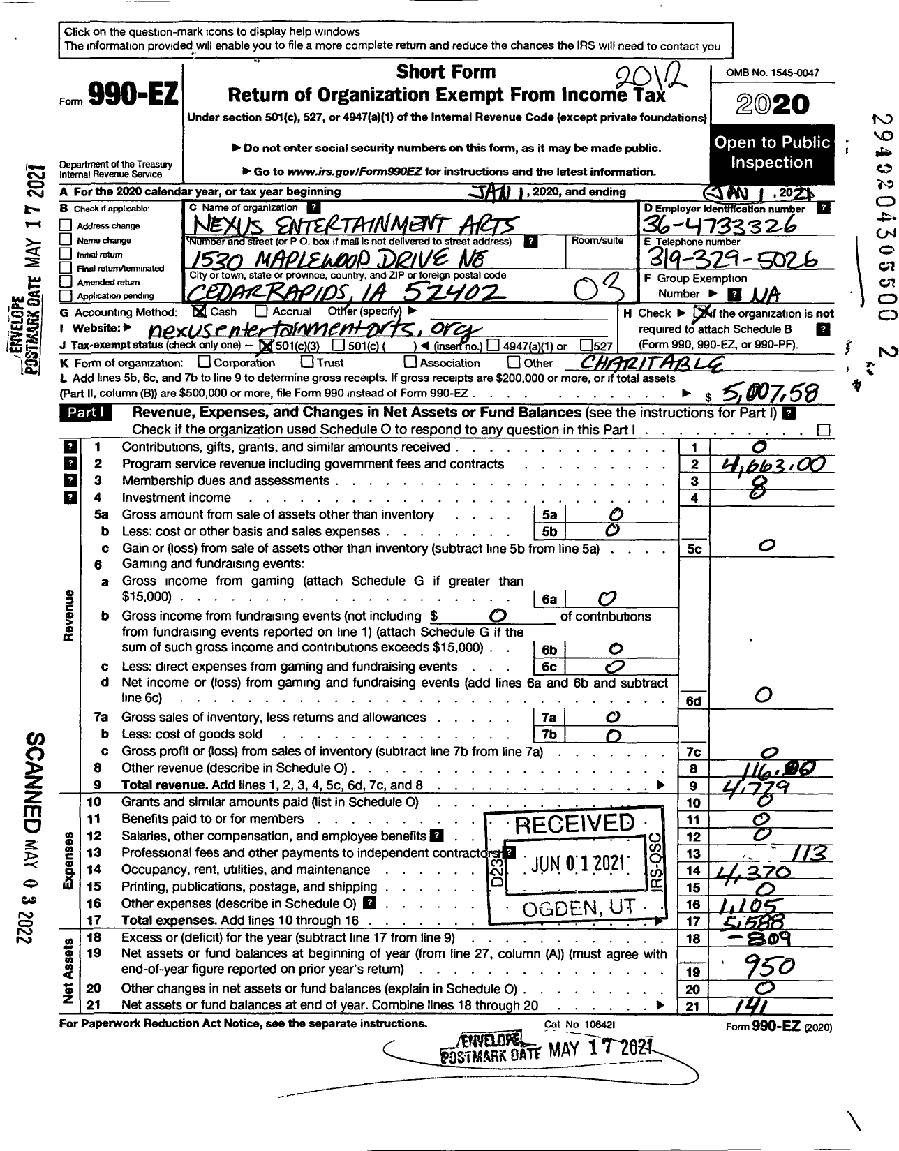 Image of first page of 2020 Form 990EZ for Nexus Entertainment Arts