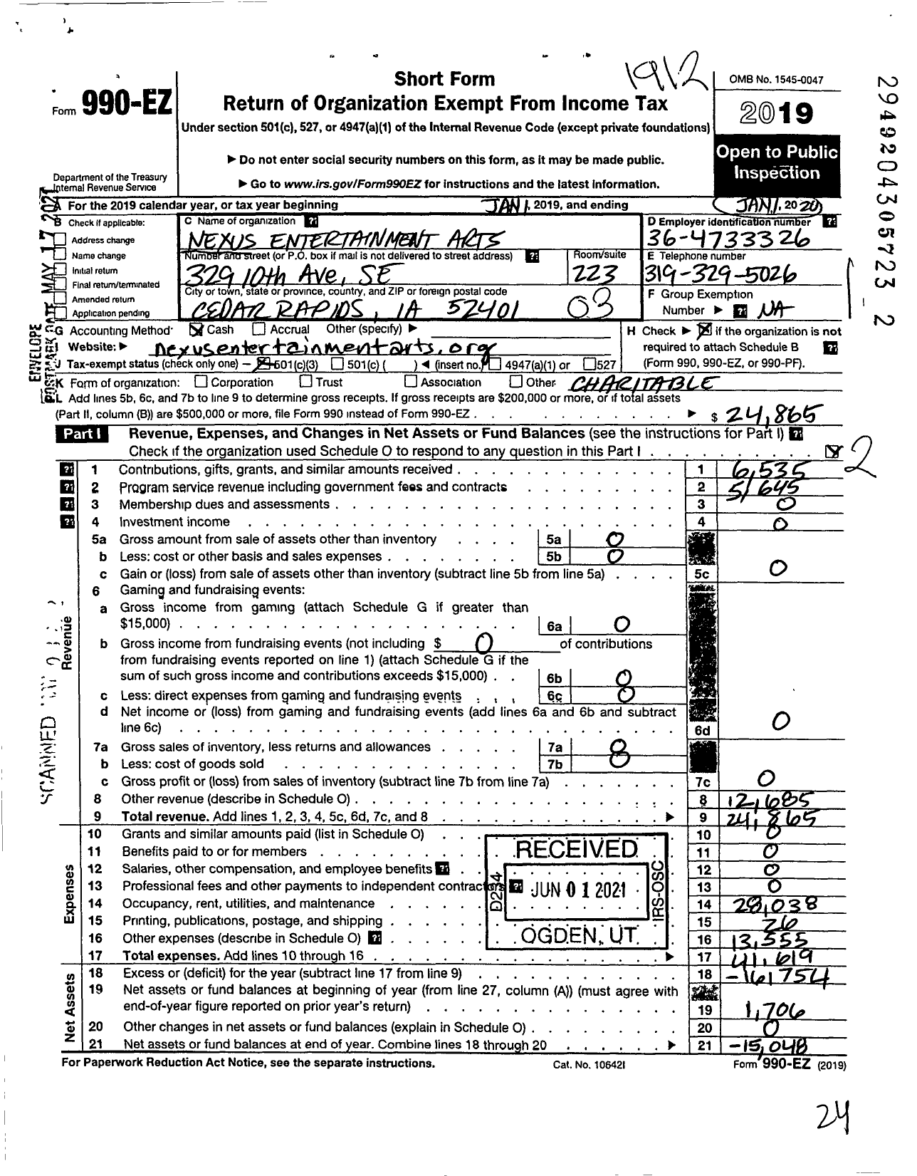 Image of first page of 2019 Form 990EZ for Nexus Entertainment Arts