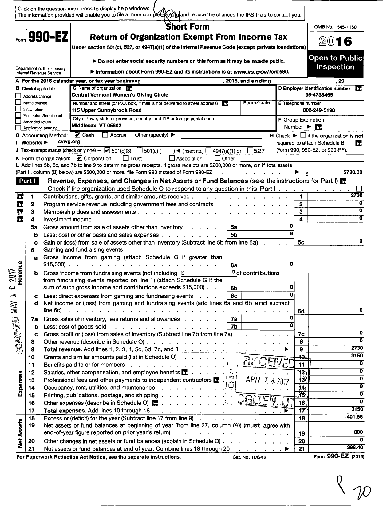 Image of first page of 2016 Form 990EZ for Central Vermont Womens Giving Circle