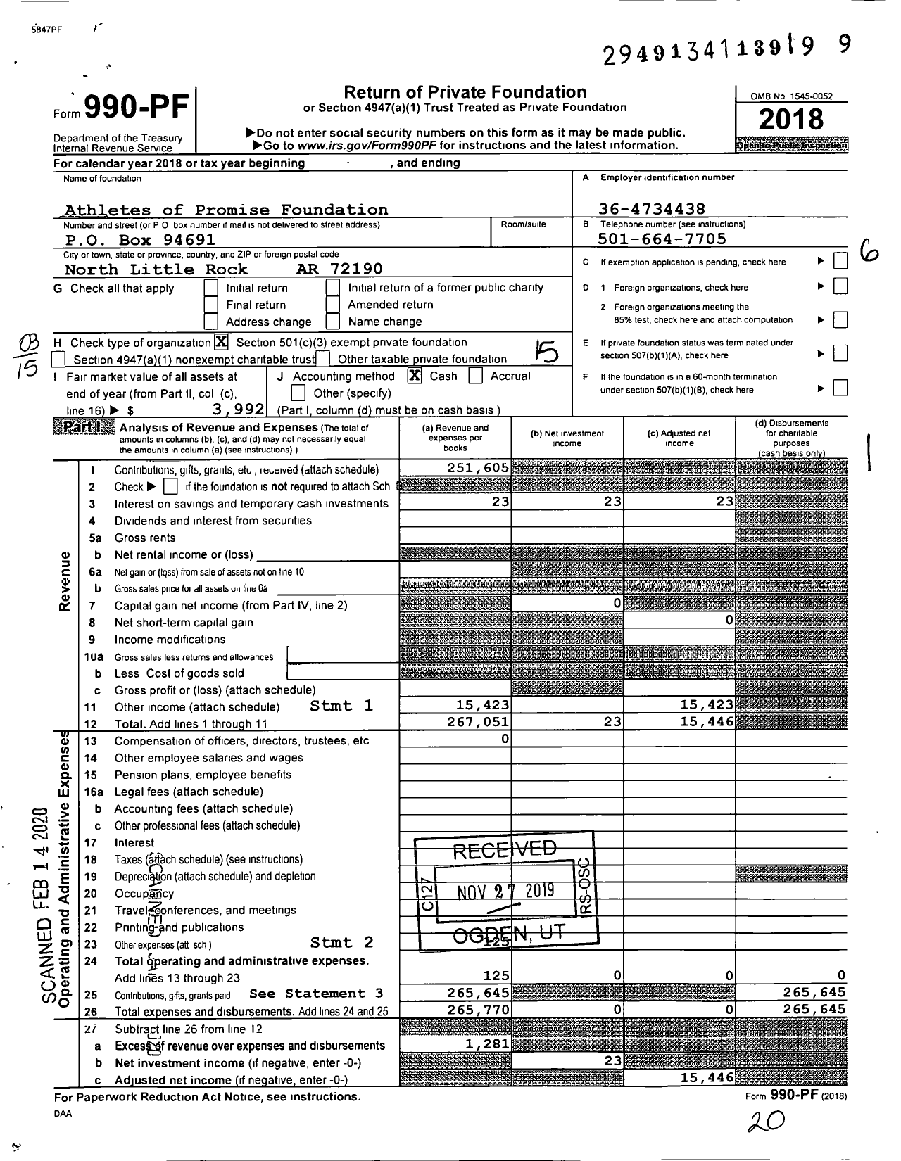 Image of first page of 2018 Form 990PF for Athletes of Promise Foundation