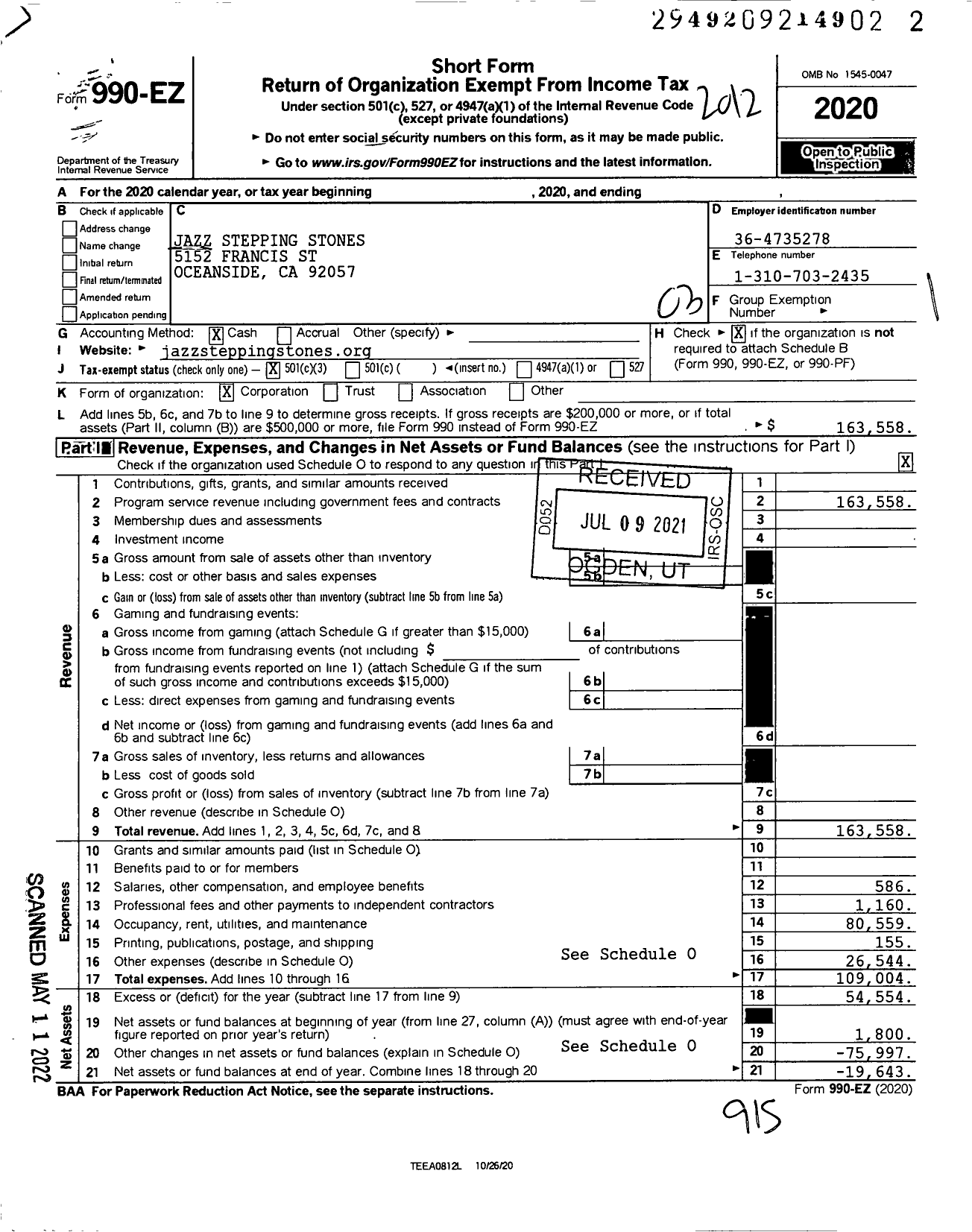 Image of first page of 2020 Form 990EZ for Jazz Stepping Stones