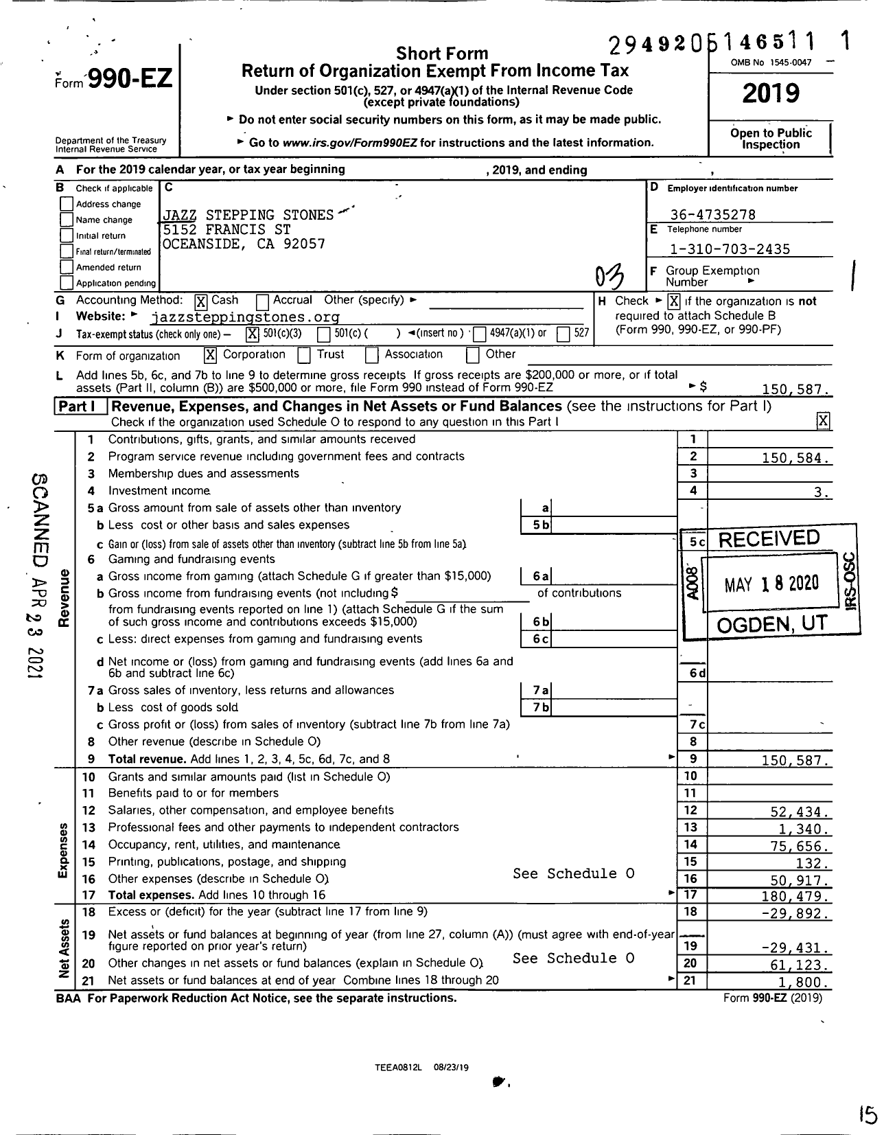 Image of first page of 2019 Form 990EZ for Jazz Stepping Stones