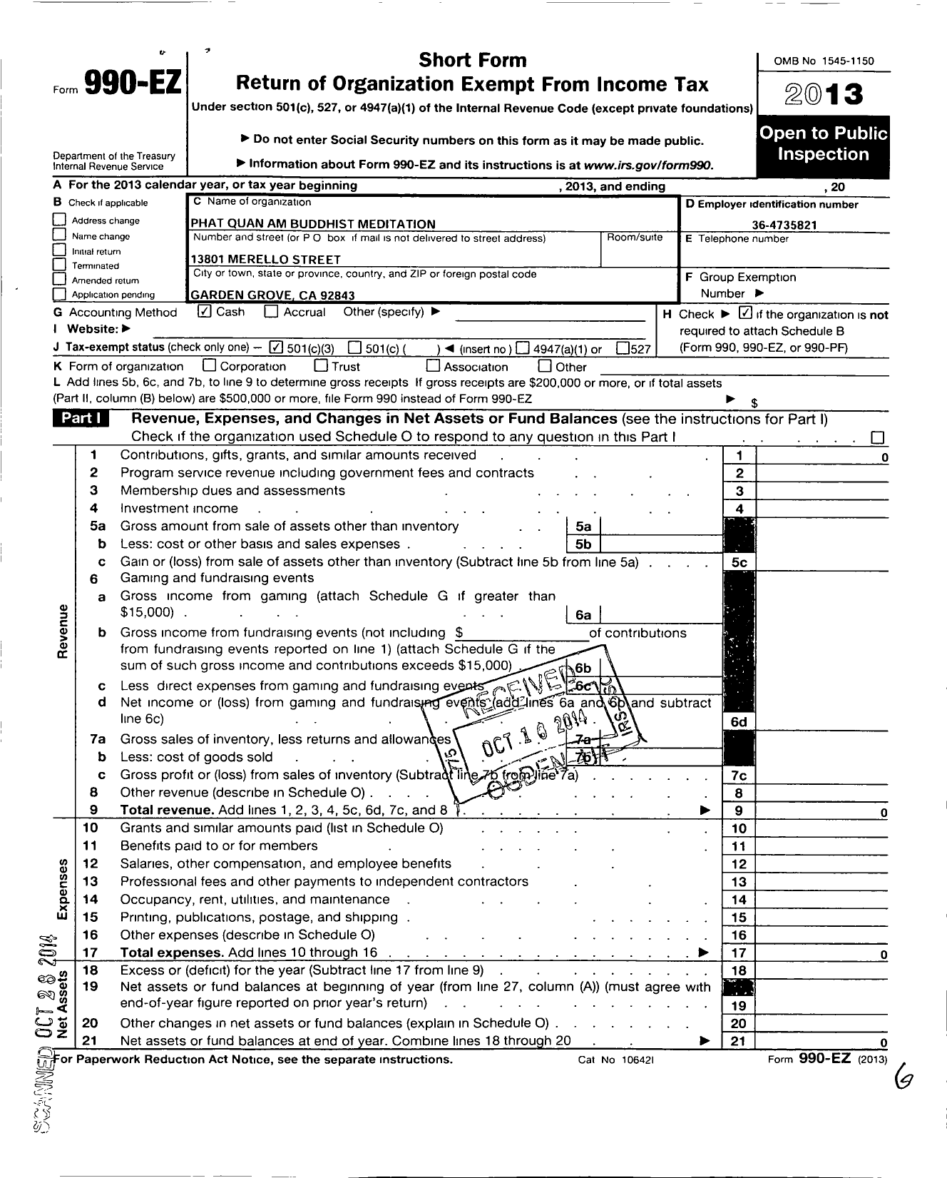 Image of first page of 2013 Form 990EZ for Phat Quan Am Buddhist Meditation