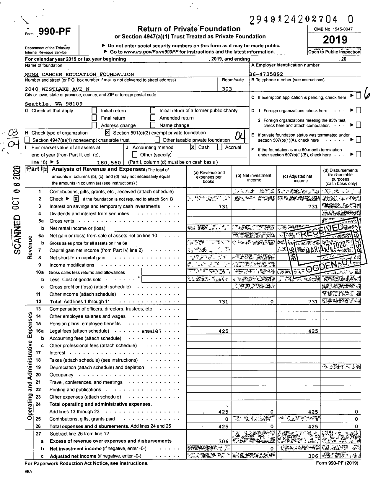 Image of first page of 2019 Form 990PR for Suns Cancer Education Foundation