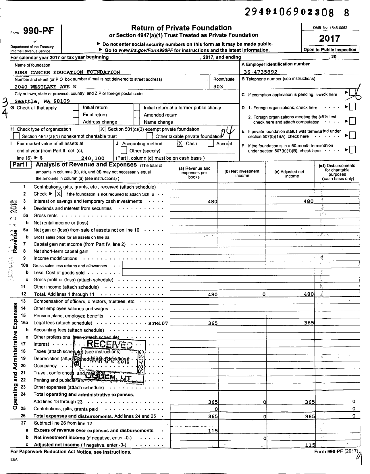 Image of first page of 2017 Form 990PF for Suns Cancer Education Foundation