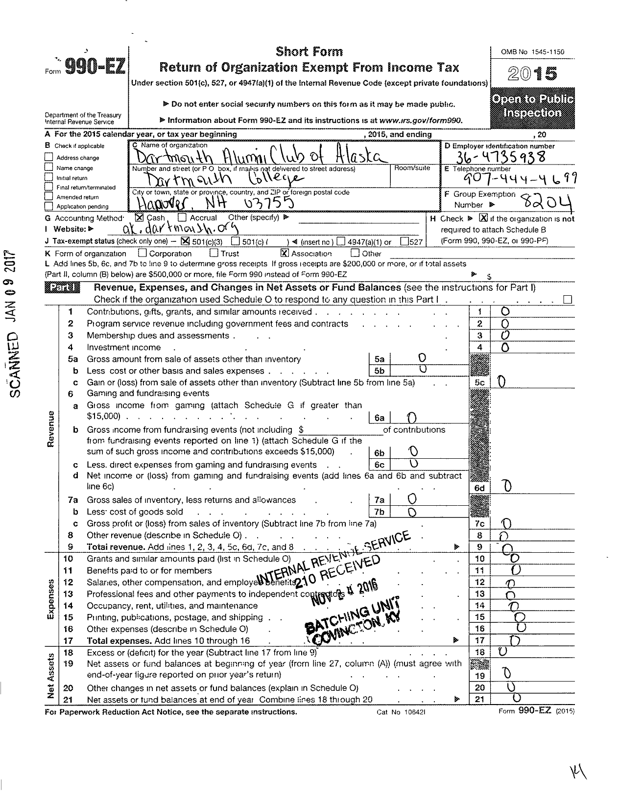 Image of first page of 2015 Form 990EZ for Trustees of Dartmouth College / Dartmouth Club of Alaska