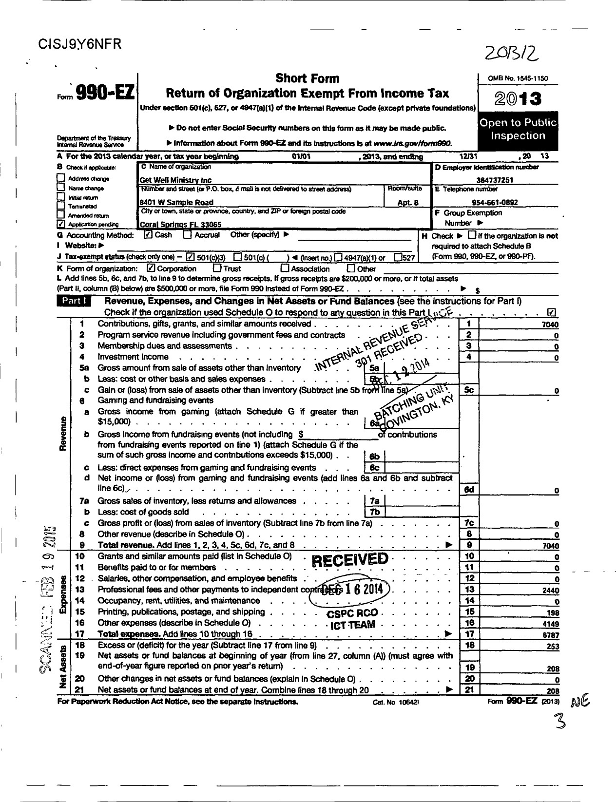 Image of first page of 2013 Form 990EZ for Get Well Ministries