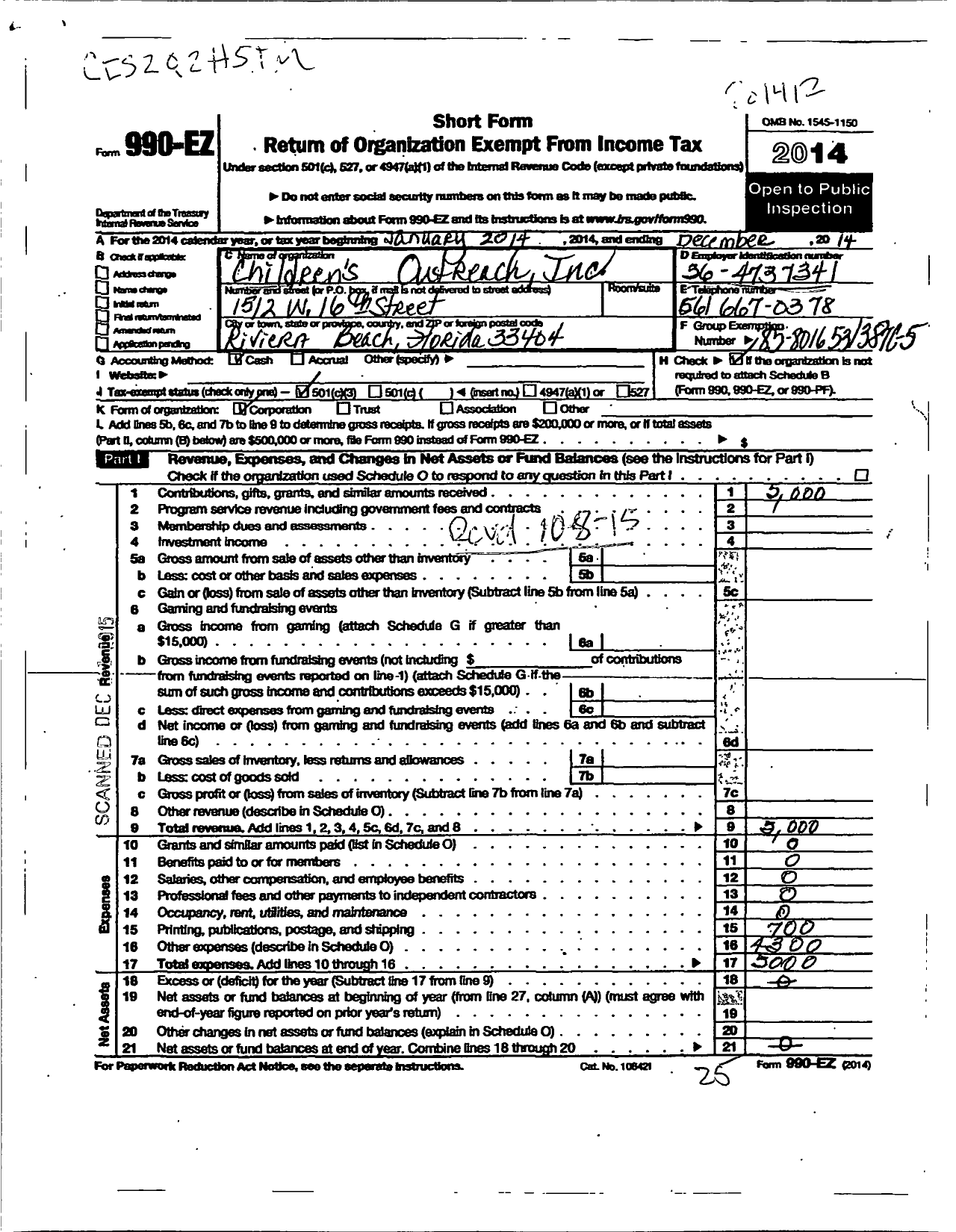 Image of first page of 2014 Form 990EZ for Children's Outreach