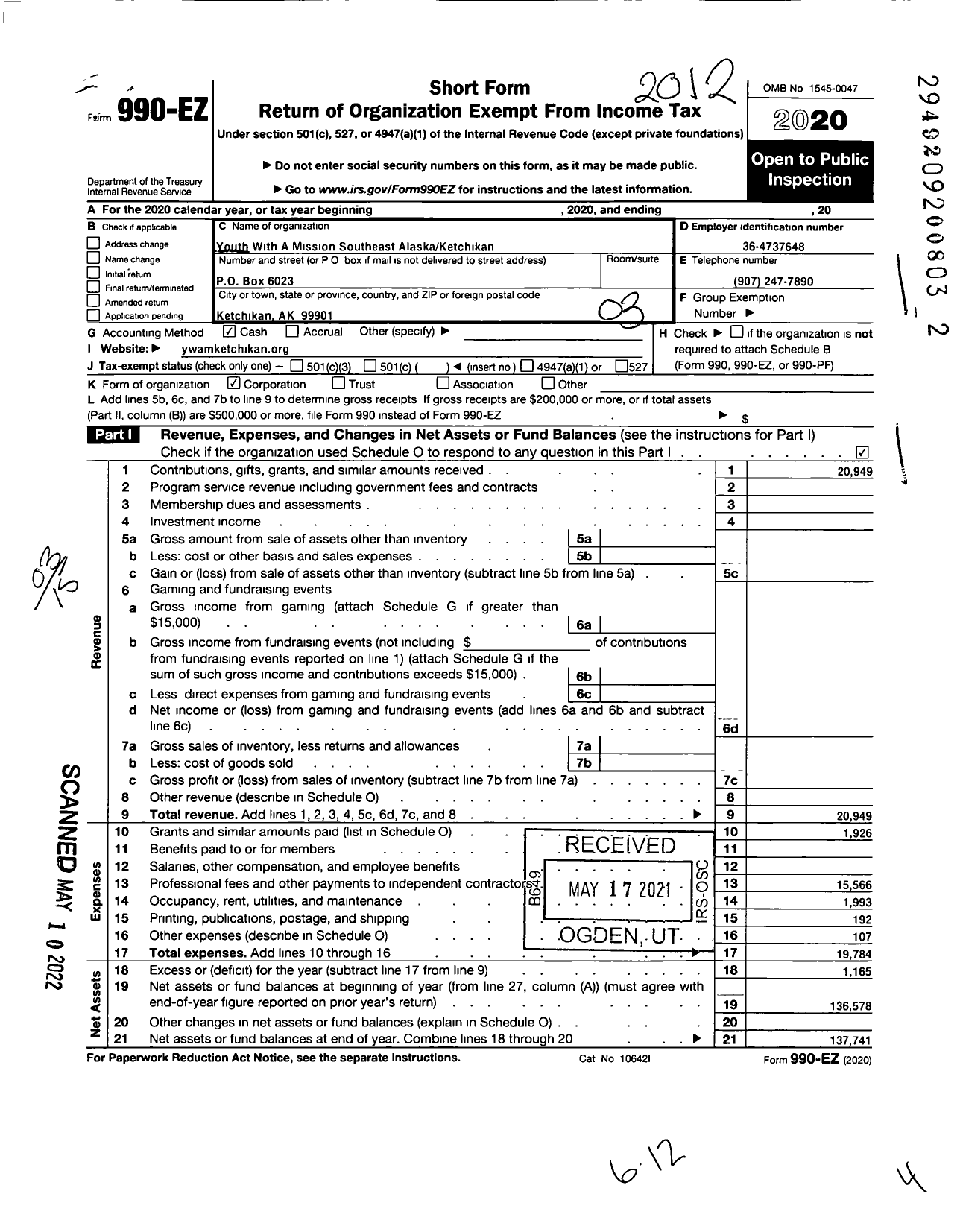 Image of first page of 2020 Form 990EZ for Youth with A Mission Southeast Alaska-Ketchikan