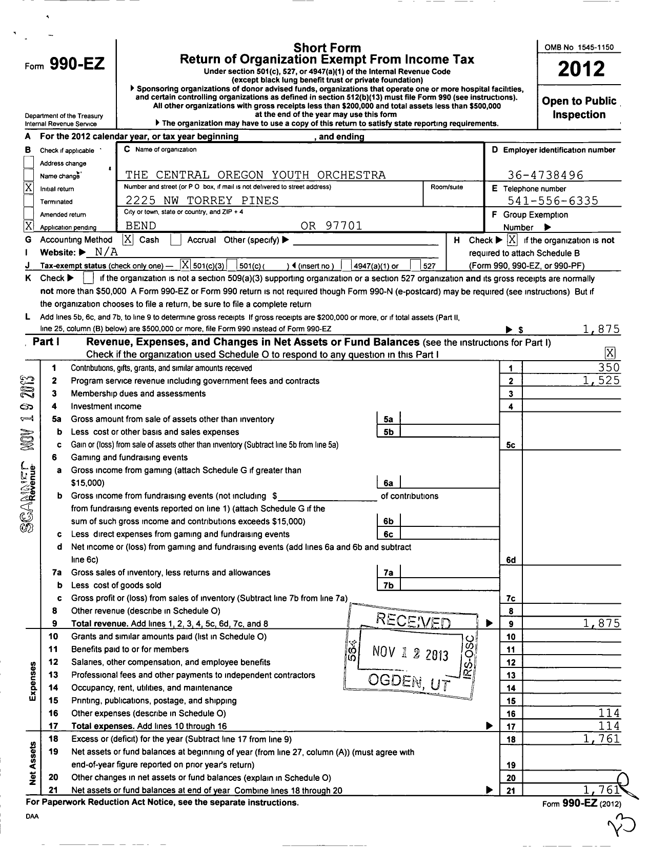 Image of first page of 2012 Form 990EZ for Central Oregon Youth Orchestra