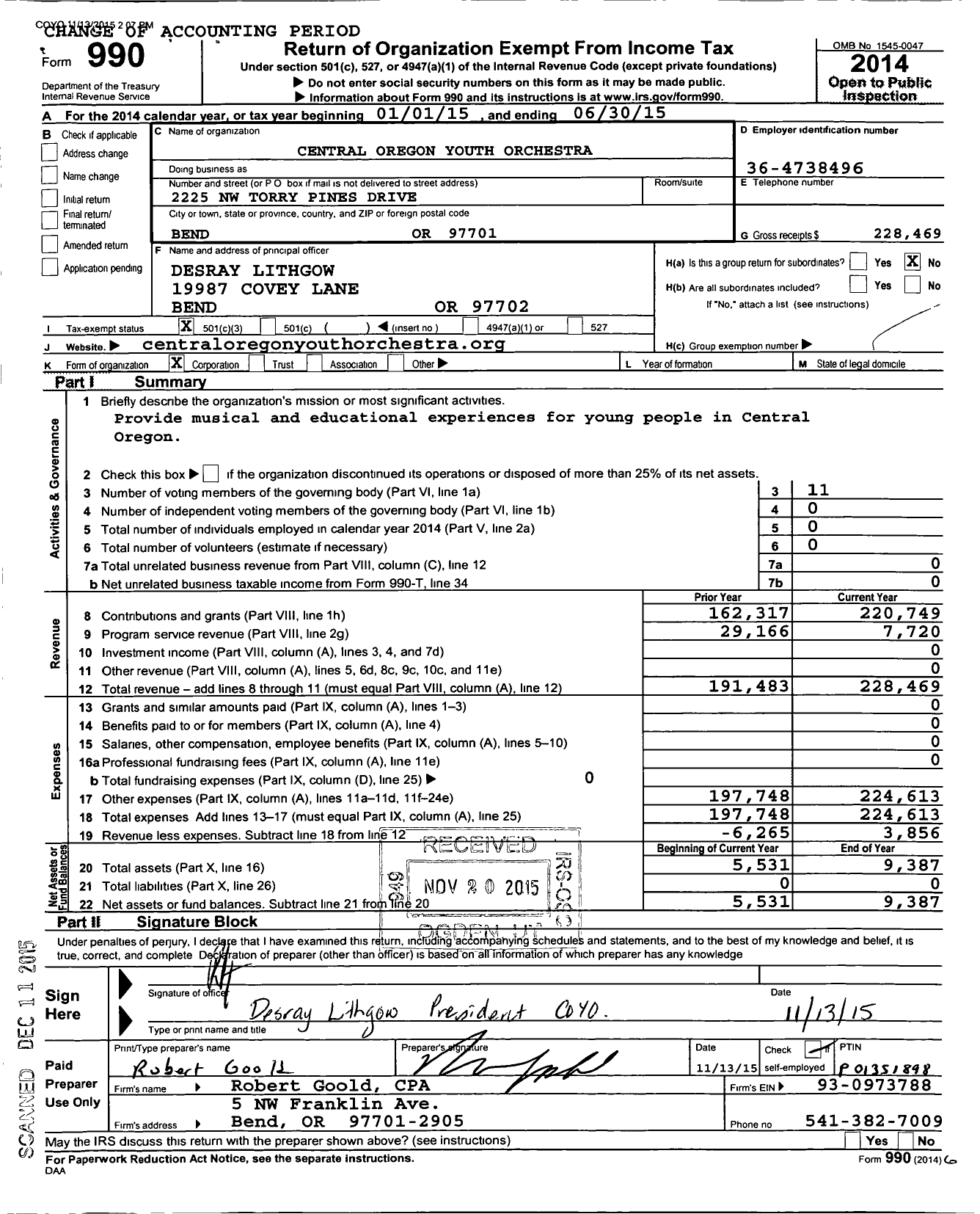 Image of first page of 2014 Form 990 for Central Oregon Youth Orchestra