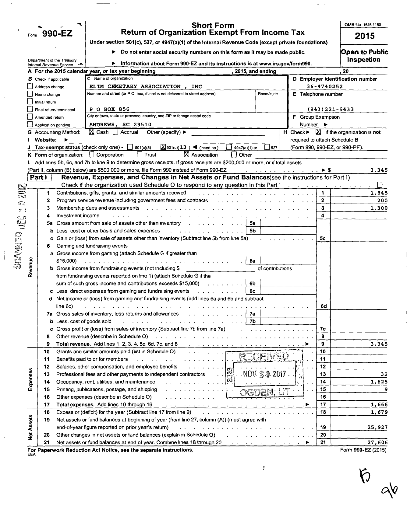 Image of first page of 2015 Form 990EO for Elim Cemetery Association