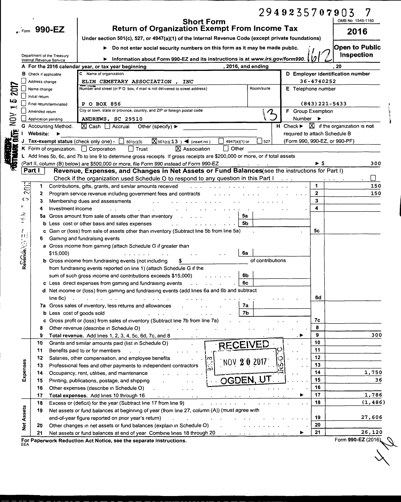 Image of first page of 2016 Form 990EO for Elim Cemetery Association