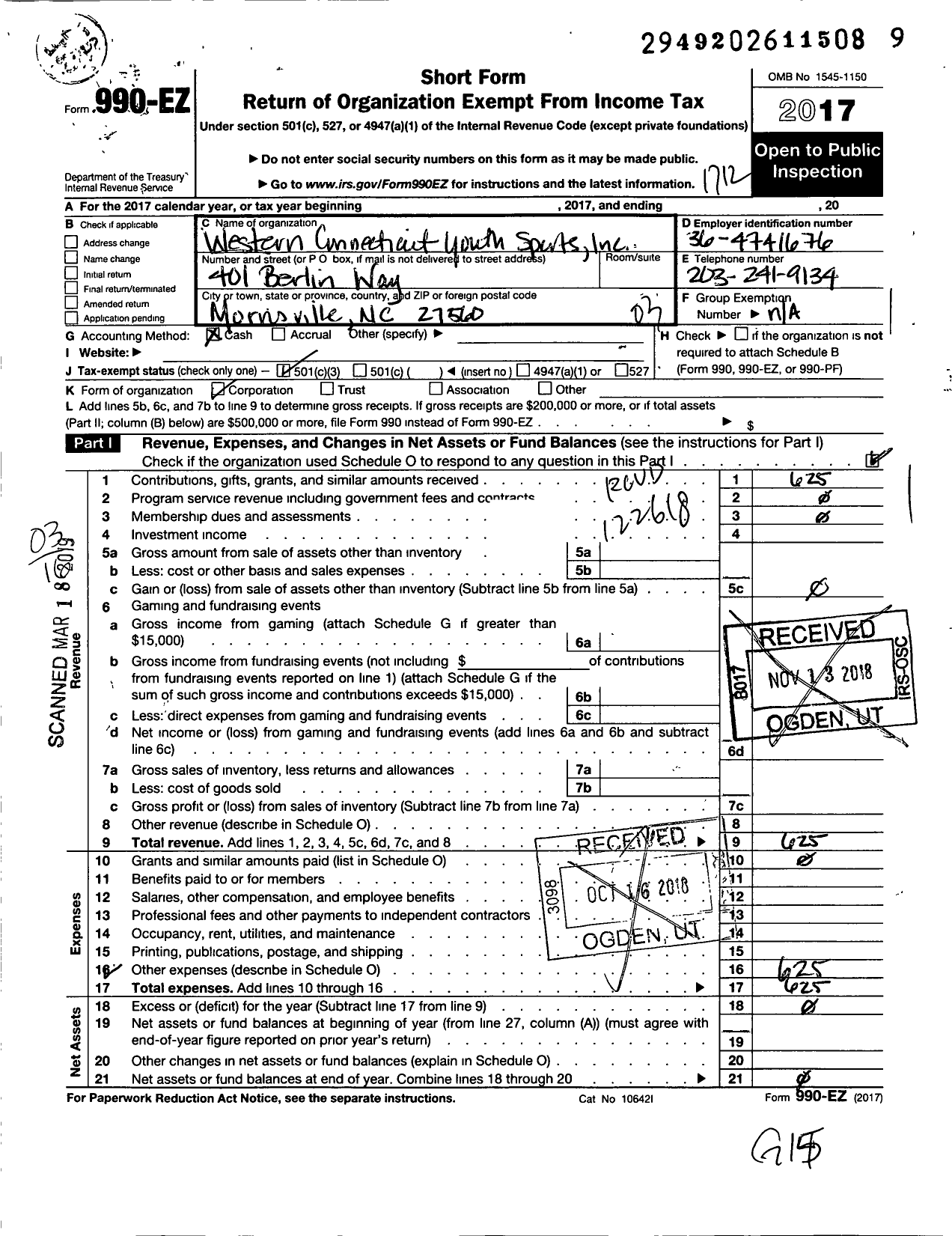 Image of first page of 2017 Form 990EZ for Western Connecticut Youth Sports