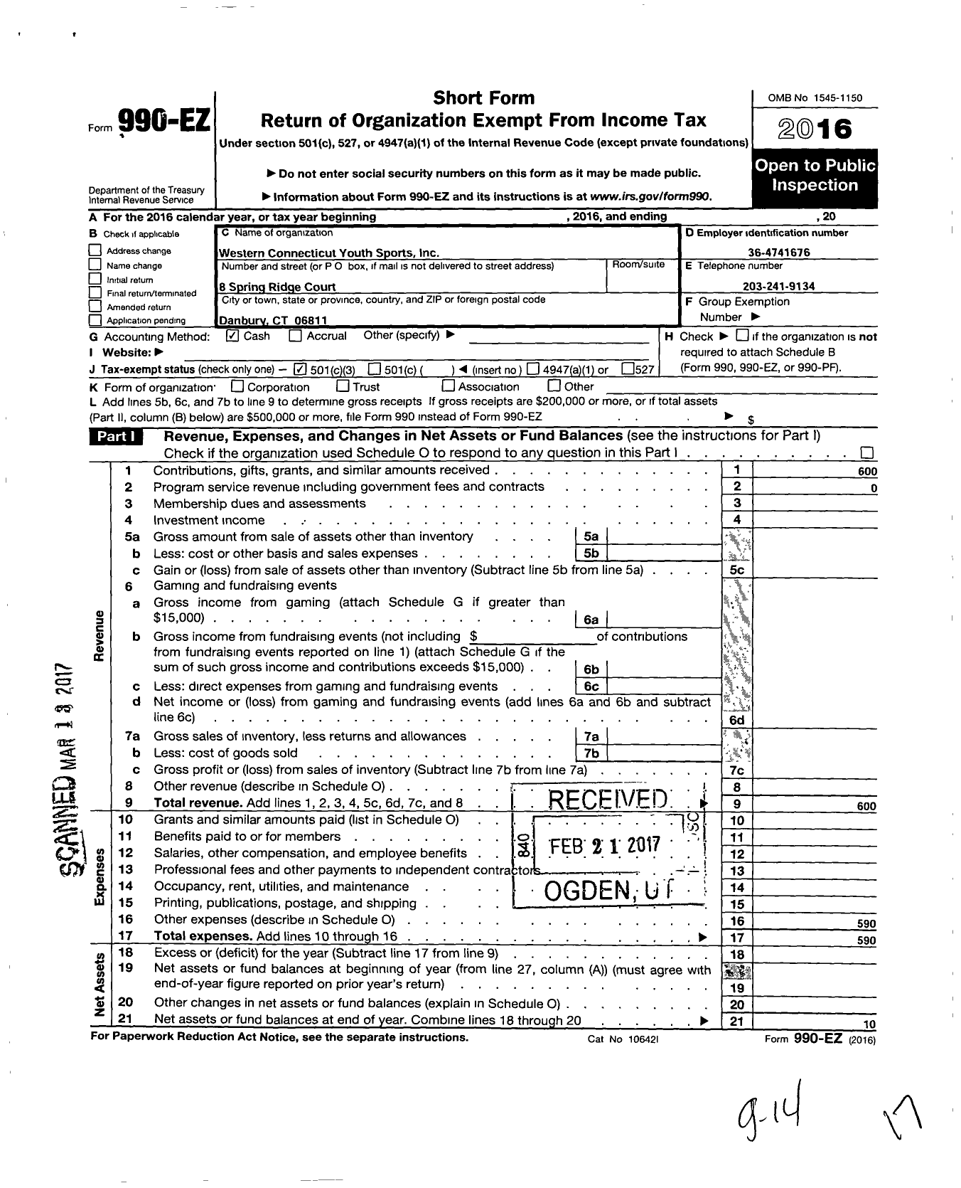 Image of first page of 2016 Form 990EZ for Western Connecticut Youth Sports