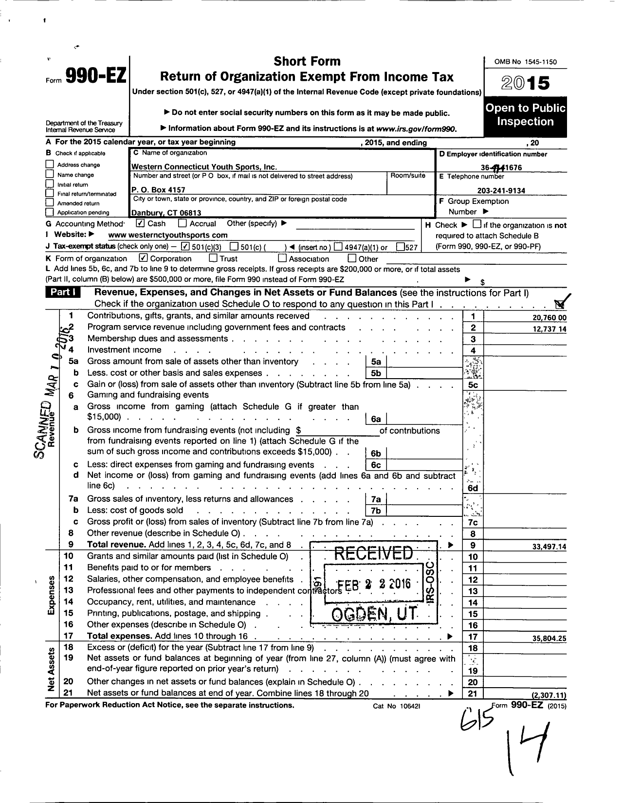 Image of first page of 2015 Form 990EZ for Western Connecticut Youth Sports