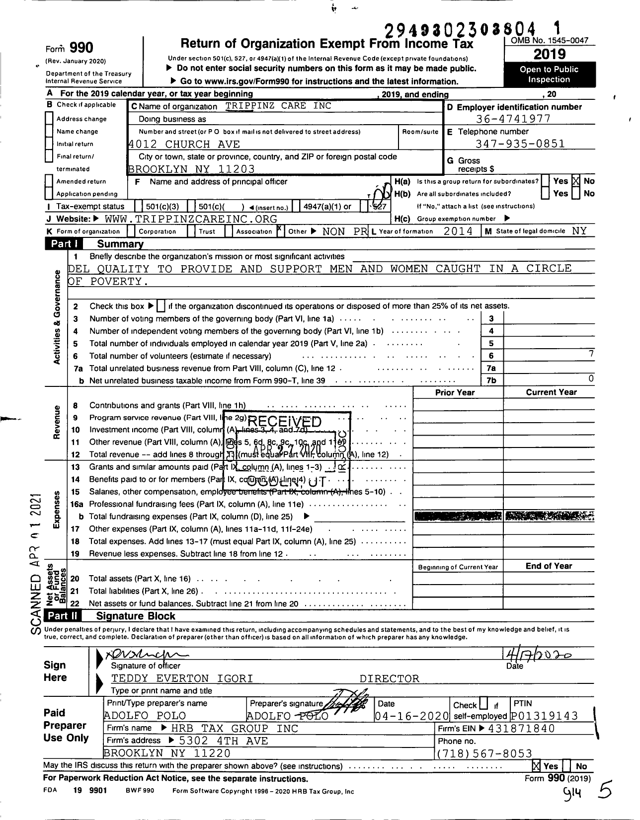 Image of first page of 2019 Form 990O for Trippinz Care