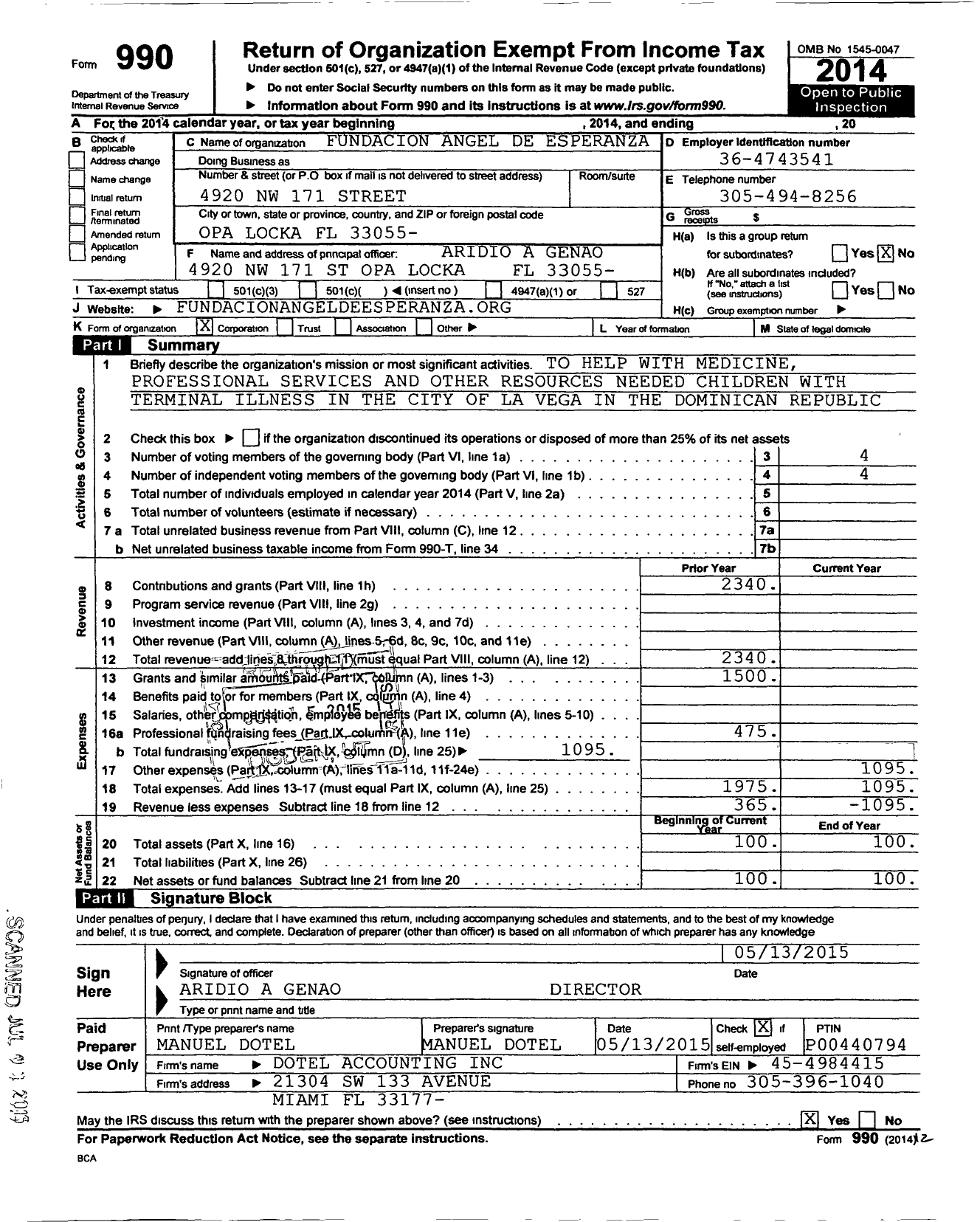 Image of first page of 2014 Form 990O for Fundacion Angel de Esperanza