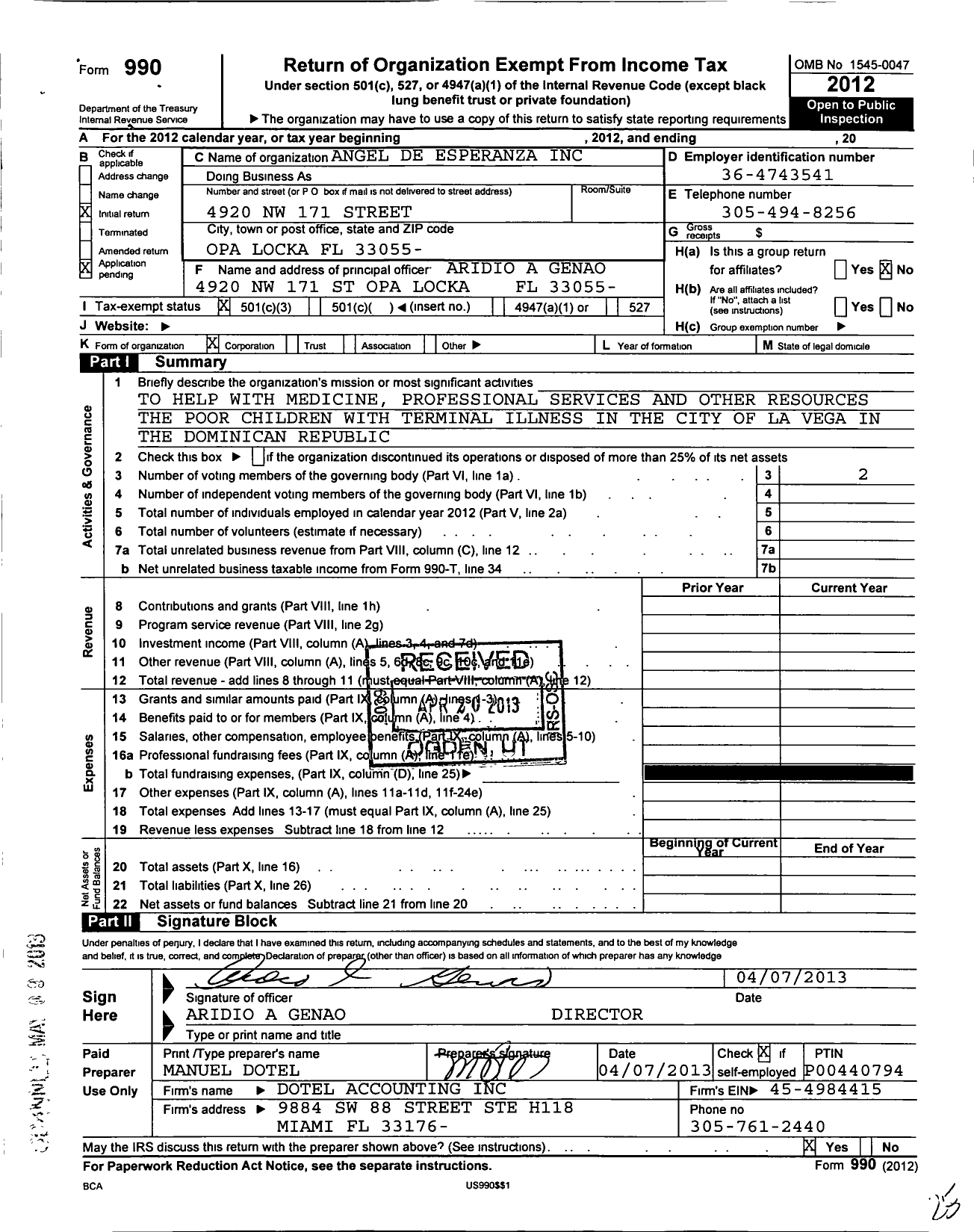 Image of first page of 2012 Form 990 for Fundacion Angel de Esperanza