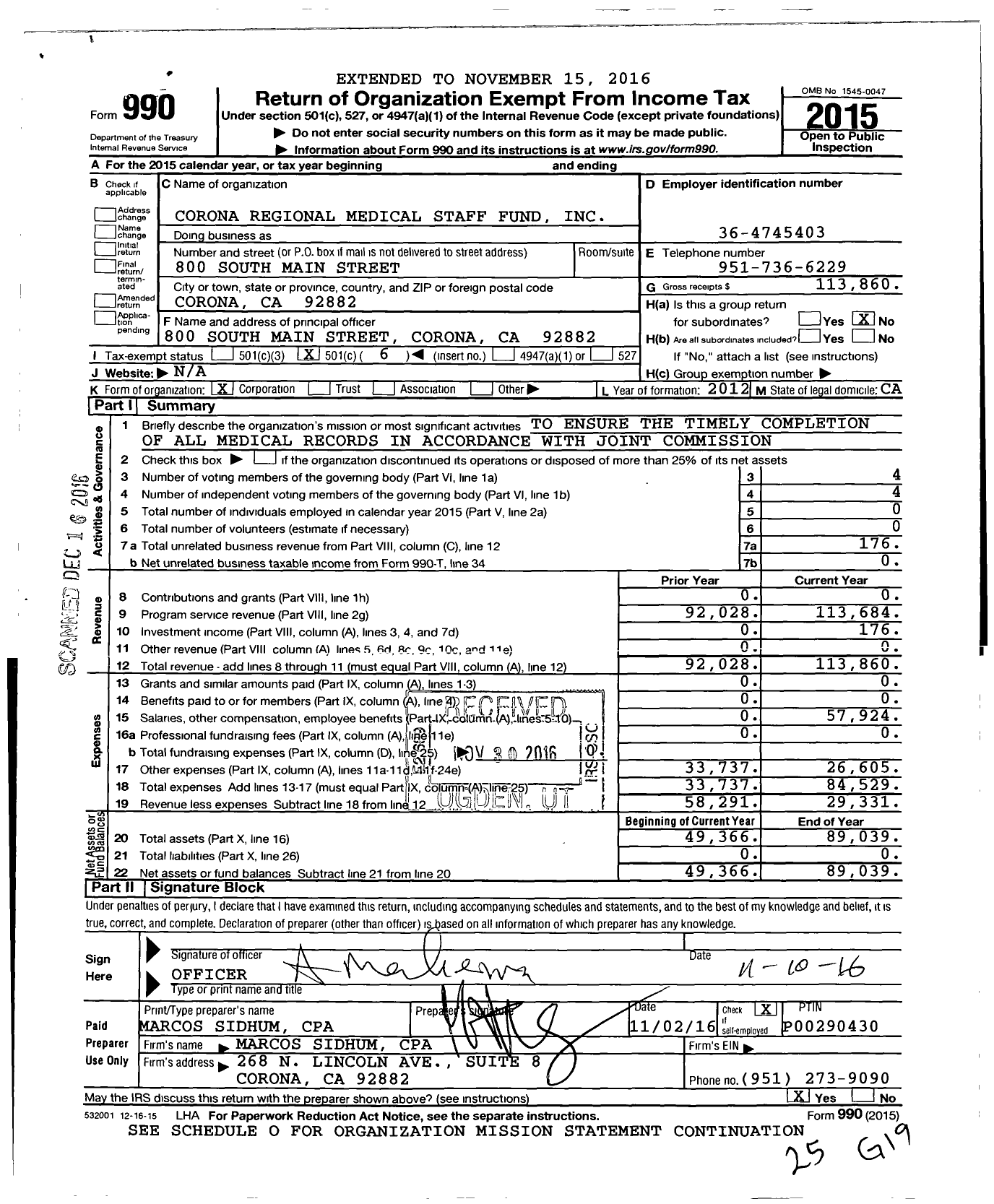 Image of first page of 2015 Form 990O for Corona Regional Medical Staff Fund