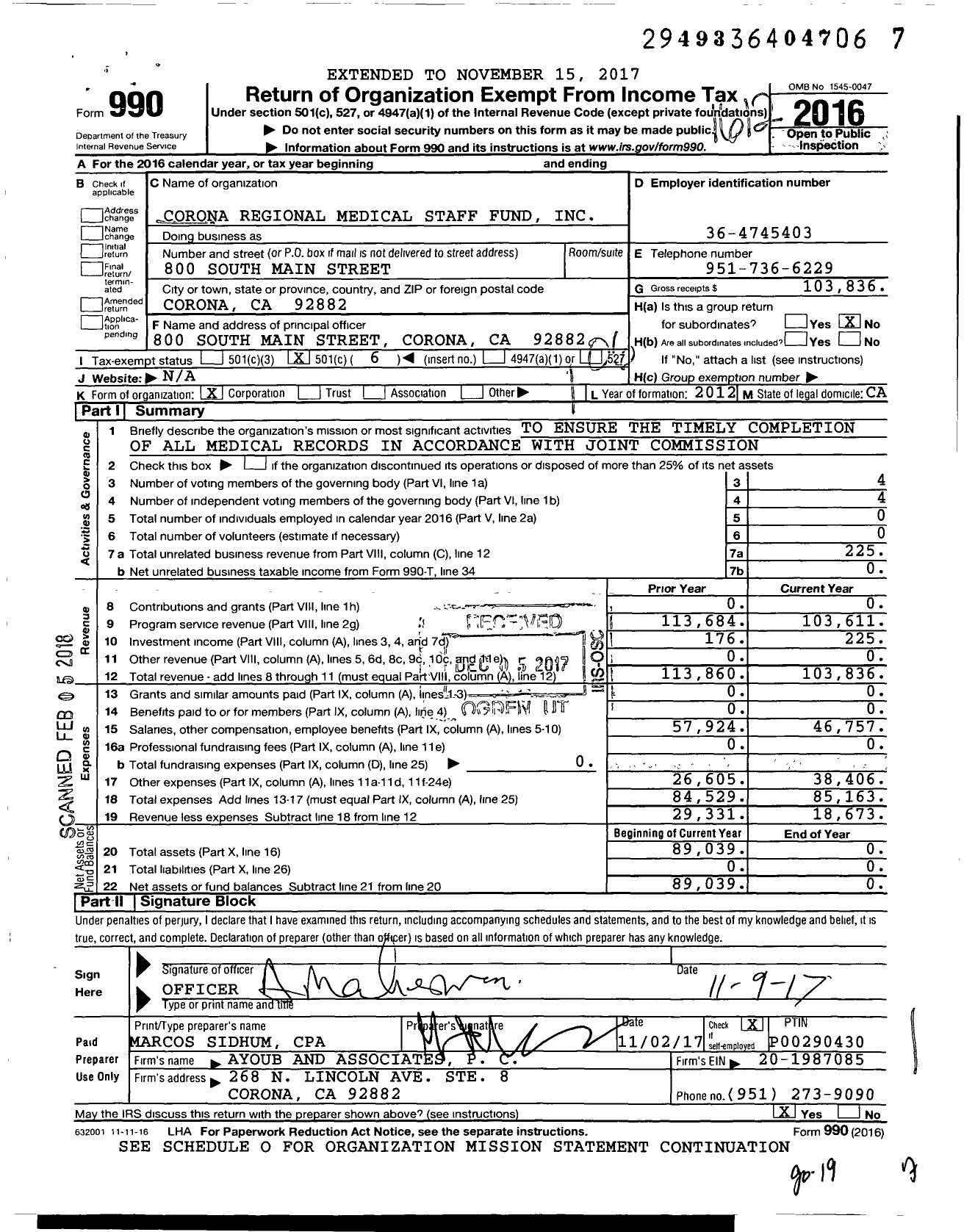 Image of first page of 2016 Form 990O for Corona Regional Medical Staff Fund