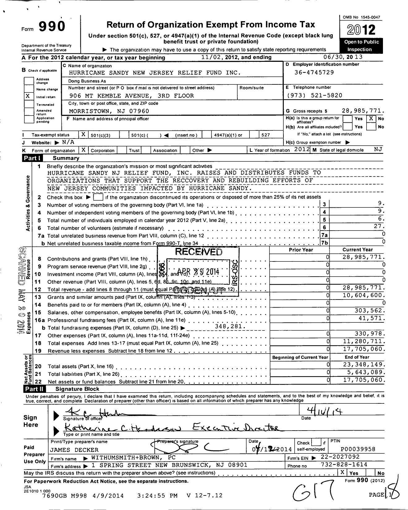 Image of first page of 2012 Form 990 for Hurricane Sandy New Jersey Relief Fund (HSNJRF)