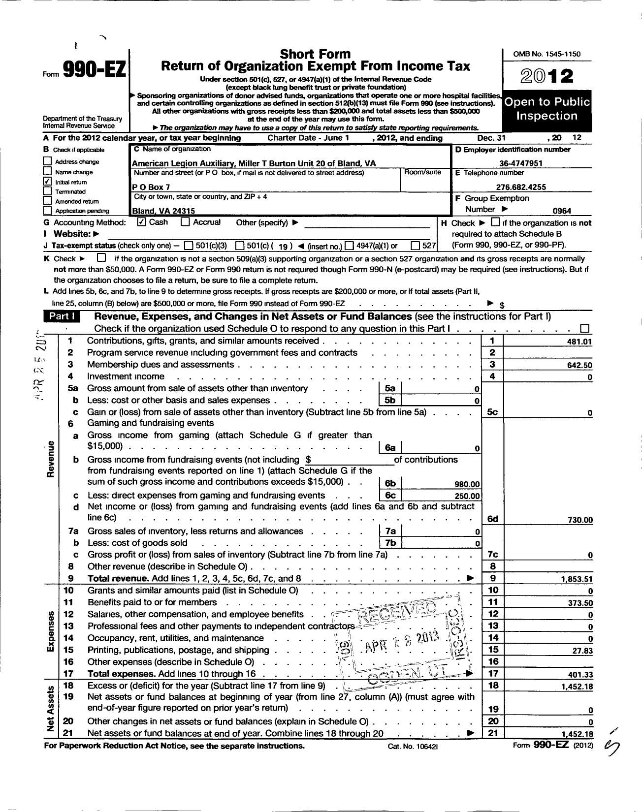 Image of first page of 2012 Form 990EO for American Legion Auxiliary - 20 Miller T Burton Unit Bland Va