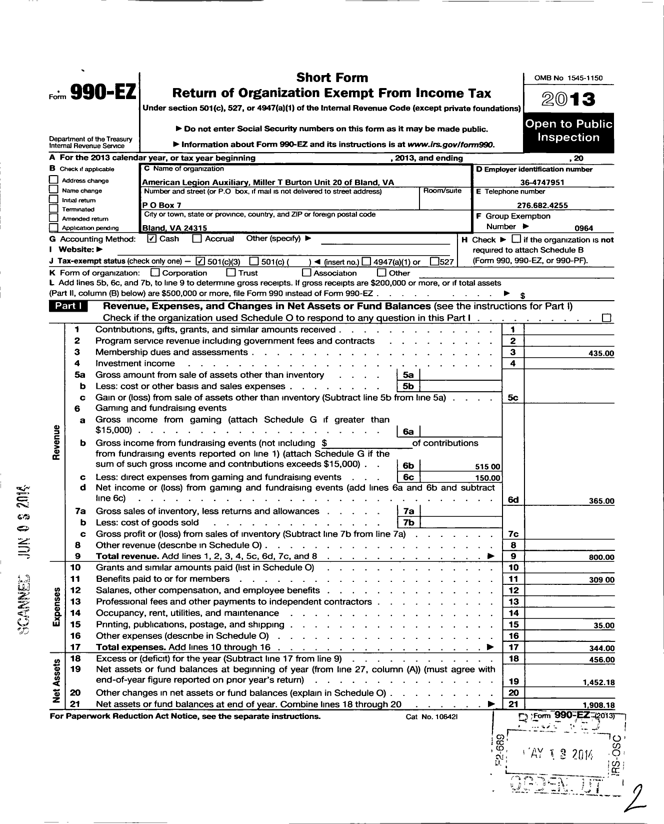 Image of first page of 2013 Form 990EZ for American Legion Auxiliary - 20 Miller T Burton Unit Bland Va