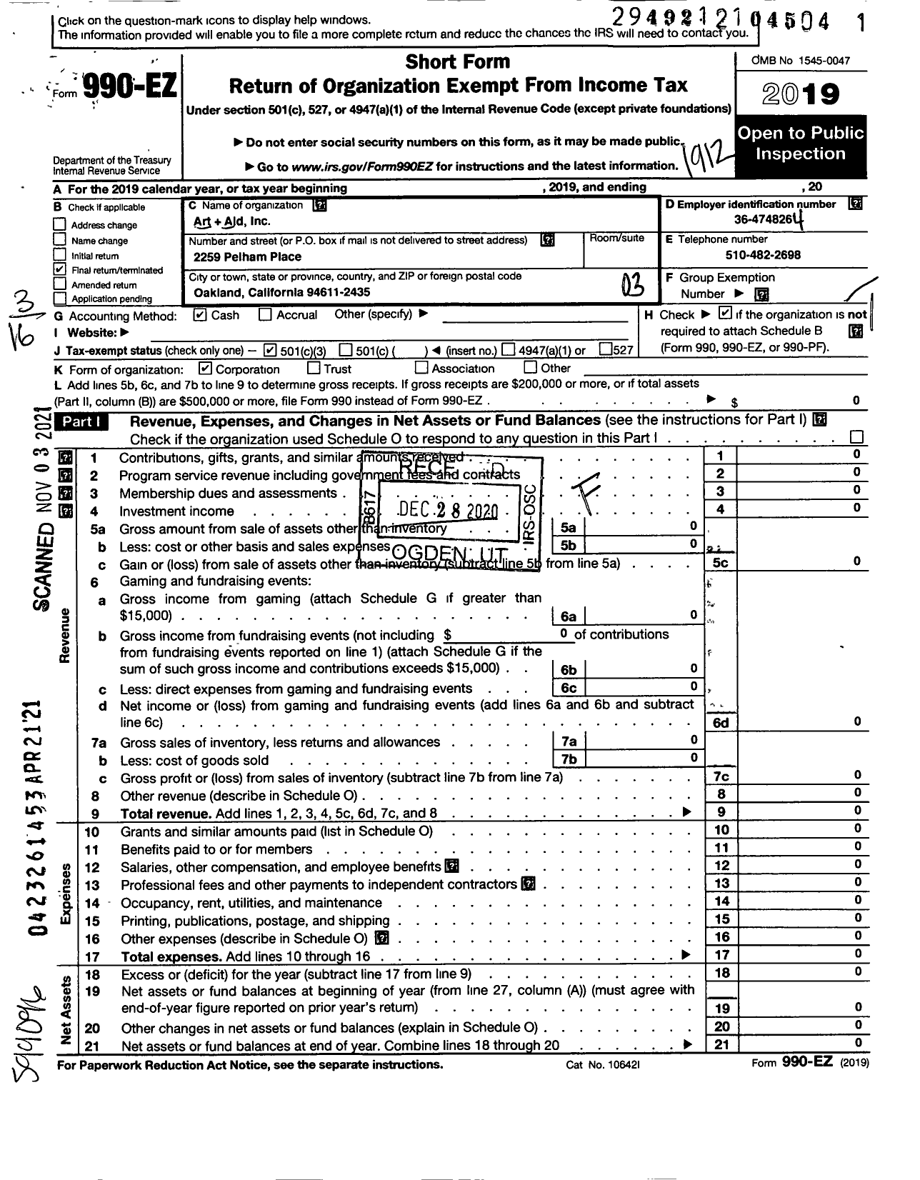 Image of first page of 2019 Form 990EZ for Art Aid