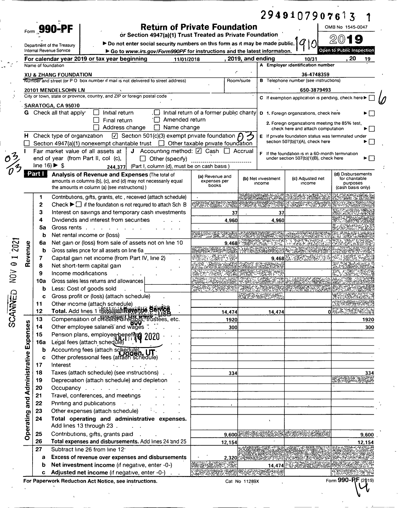 Image of first page of 2018 Form 990PF for Xu And Zhang Foundation