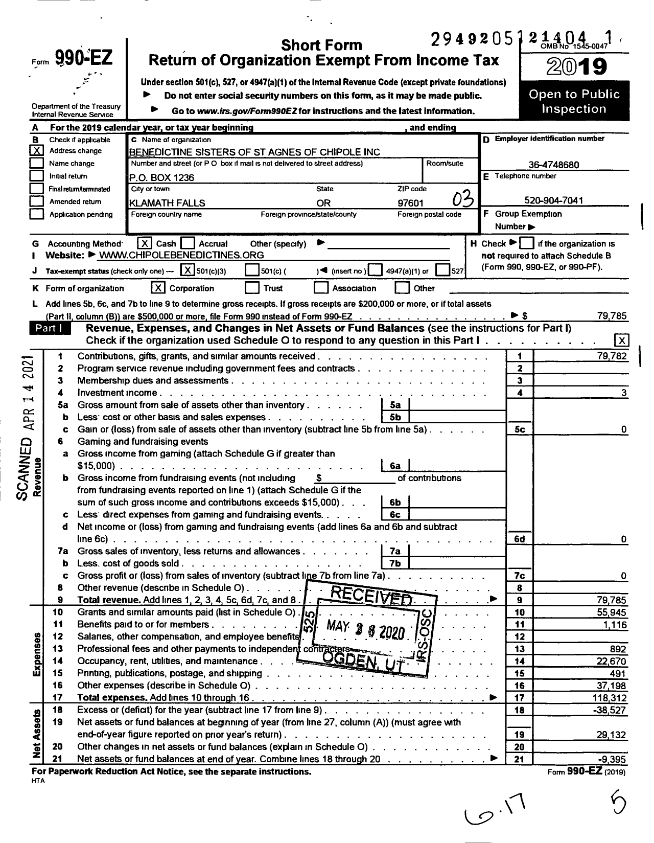 Image of first page of 2019 Form 990EZ for Benedictine Sister of St Agnes of Chipole