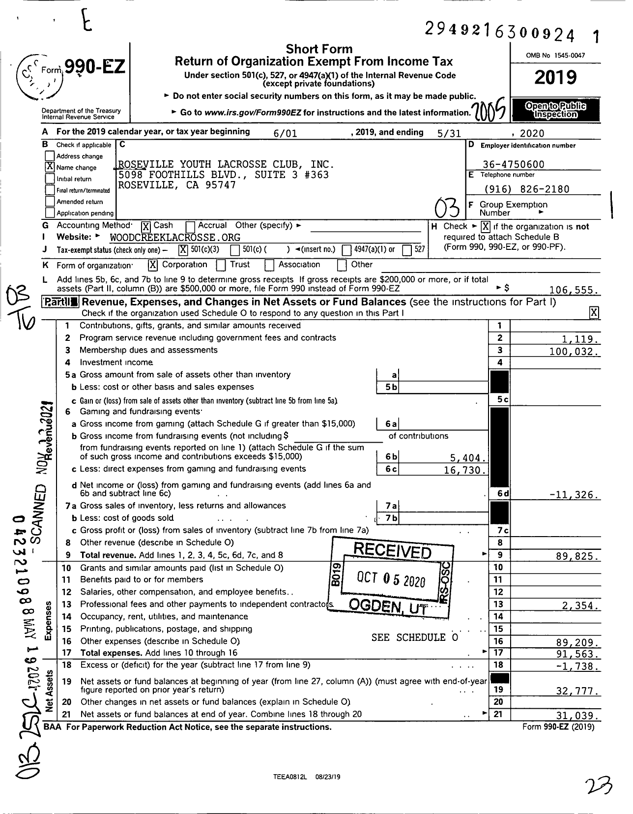 Image of first page of 2019 Form 990EZ for Roseville Youth Lacrosse Club