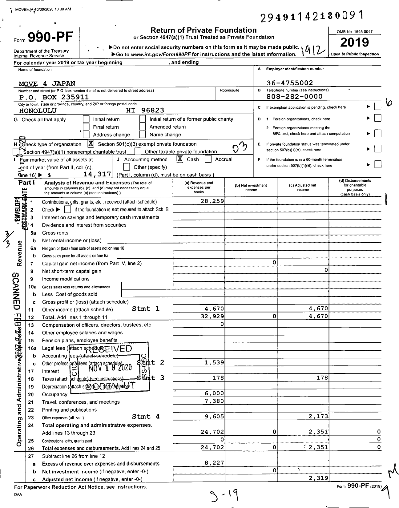 Image of first page of 2019 Form 990PF for Move 4 Japan