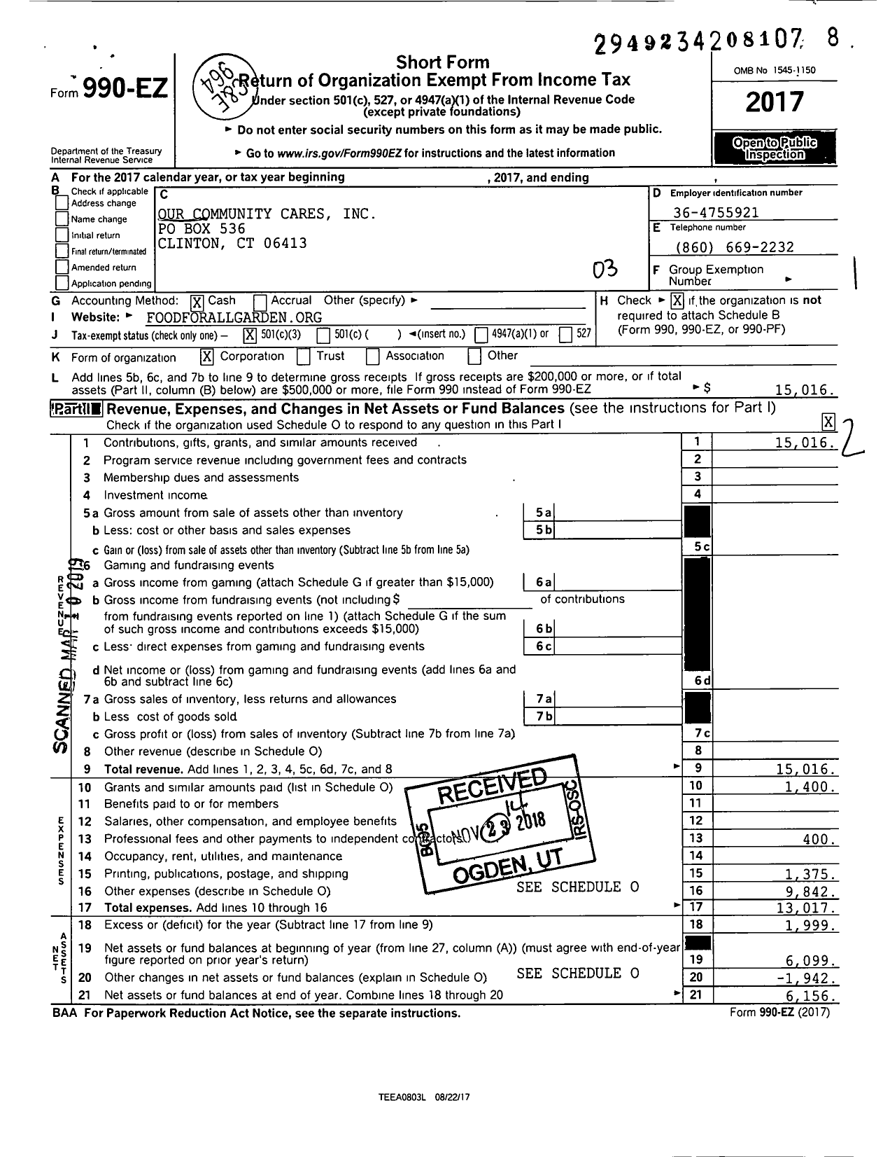 Image of first page of 2017 Form 990EZ for Our Commuity Cares