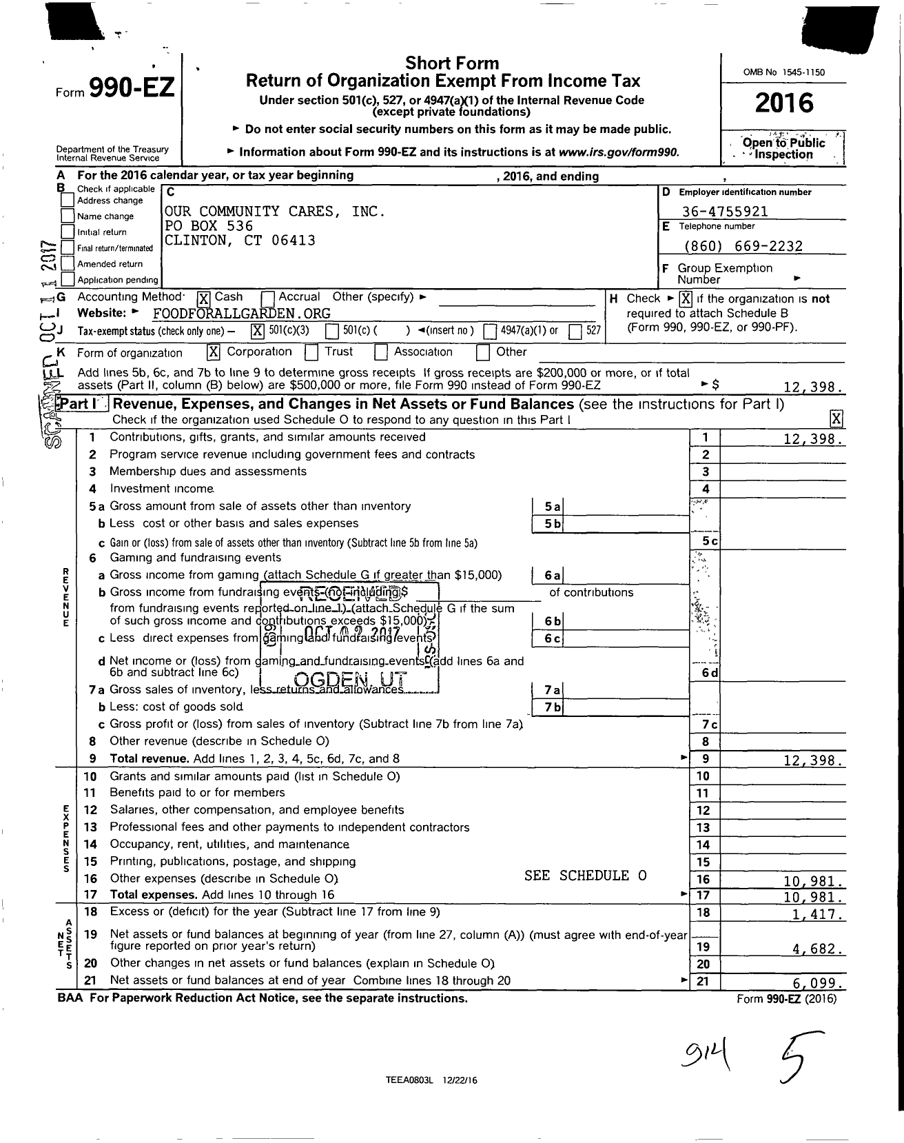 Image of first page of 2016 Form 990EZ for Our Commuity Cares