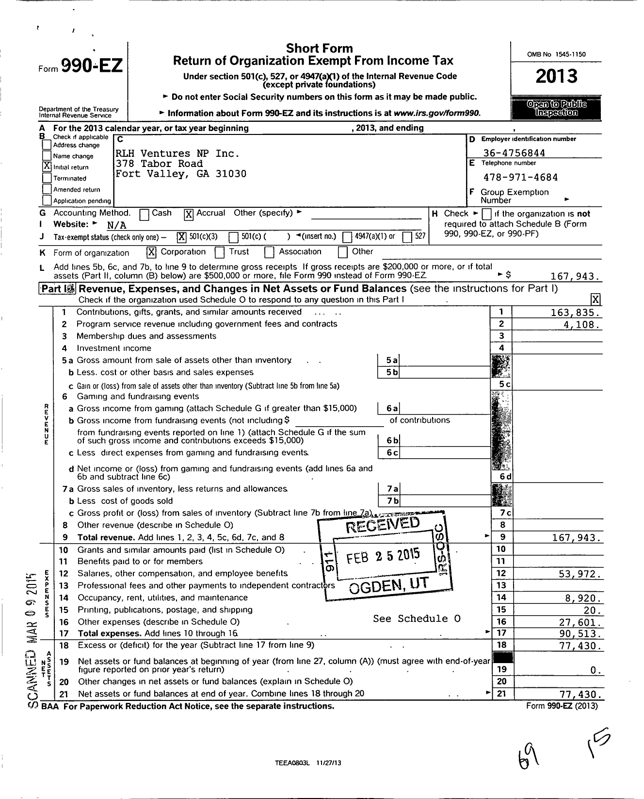 Image of first page of 2013 Form 990EZ for RLH Ventures NP