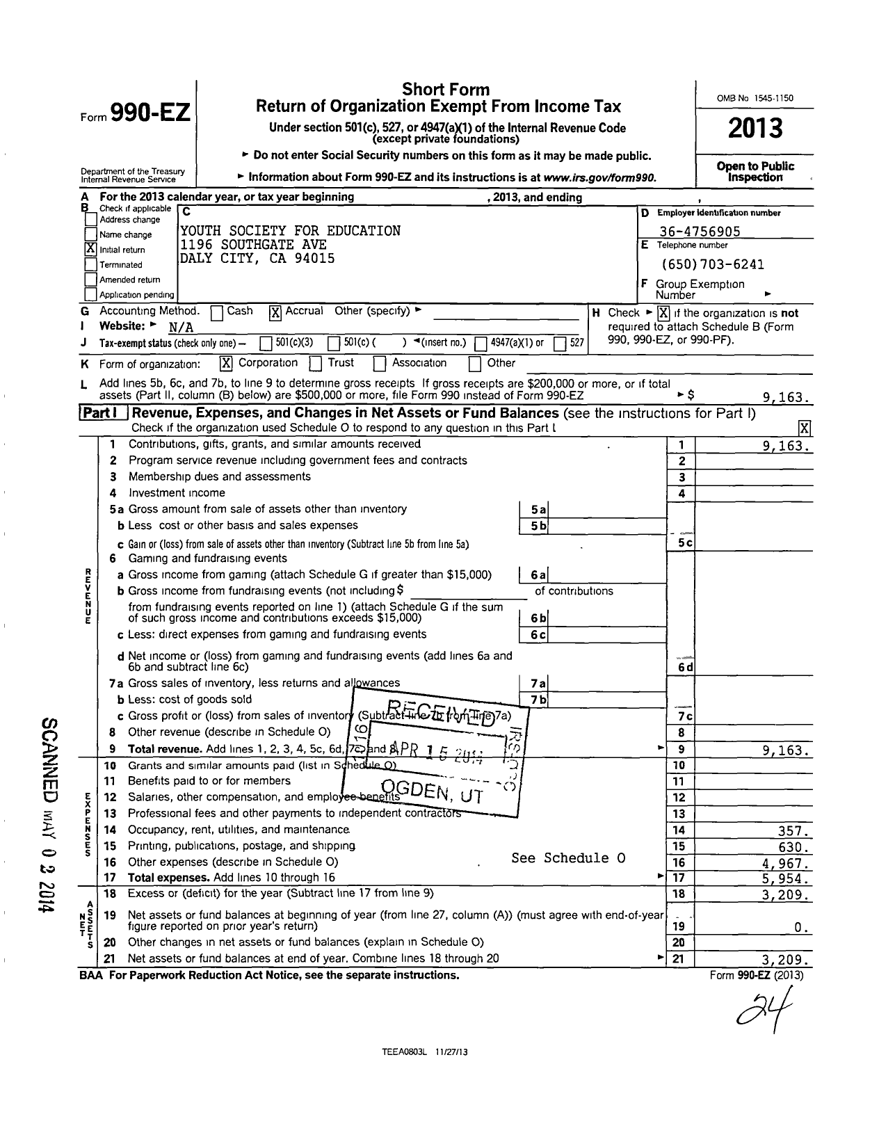 Image of first page of 2013 Form 990EO for Youth Society for Education