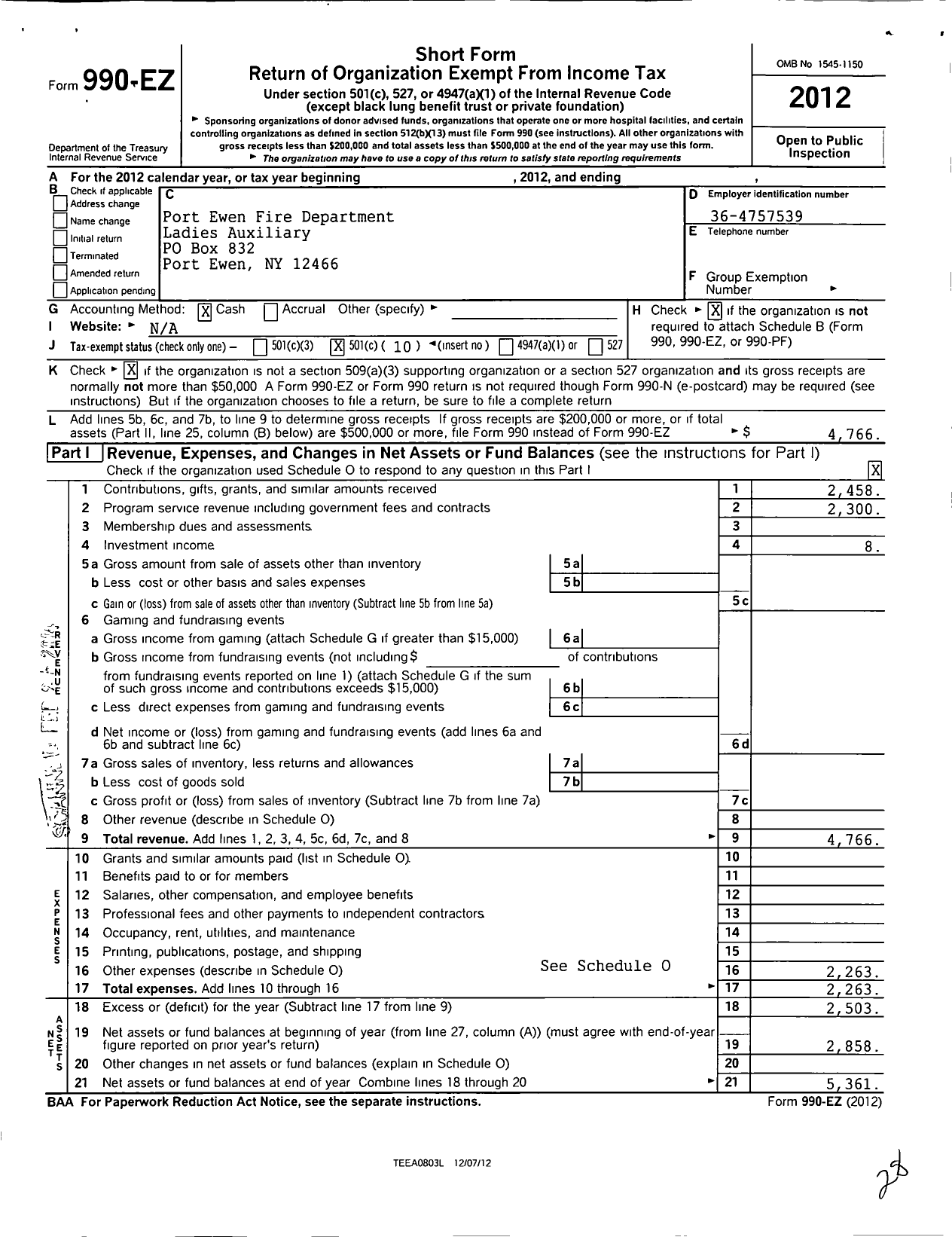 Image of first page of 2012 Form 990EO for Port Ewen Fire Dept Ladies Auxiliary