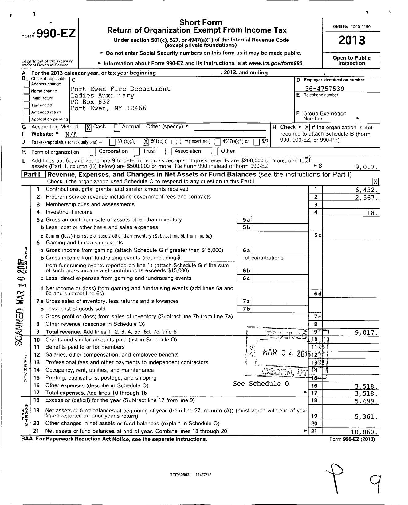 Image of first page of 2013 Form 990EO for Port Ewen Fire Dept Ladies Auxiliary