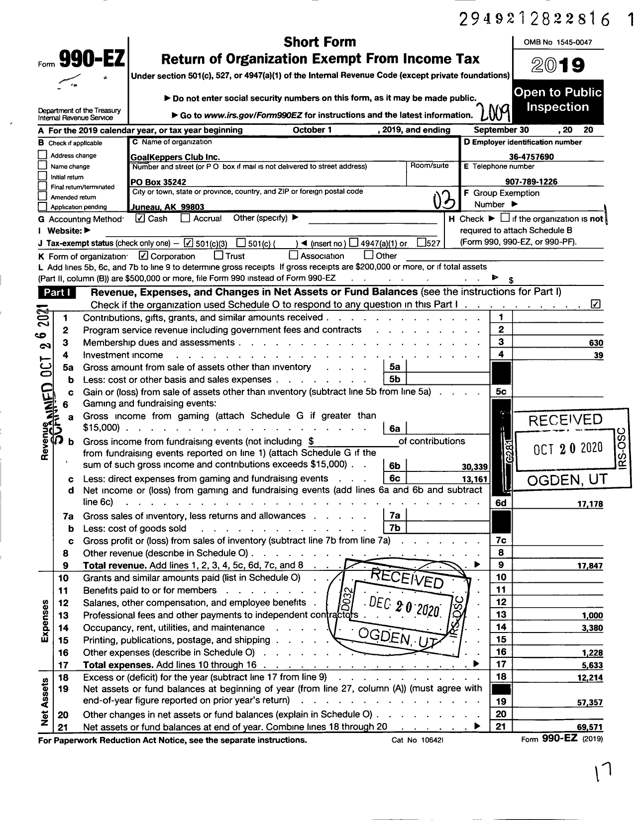 Image of first page of 2019 Form 990EZ for Goalkeepers Club