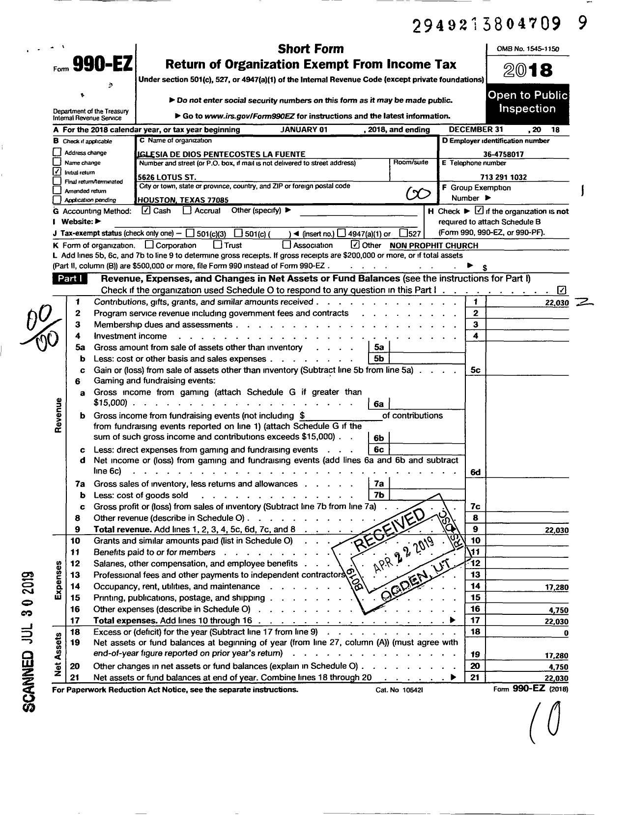 Image of first page of 2018 Form 990EO for Iglesia de Dios Pentecostes La Fuente