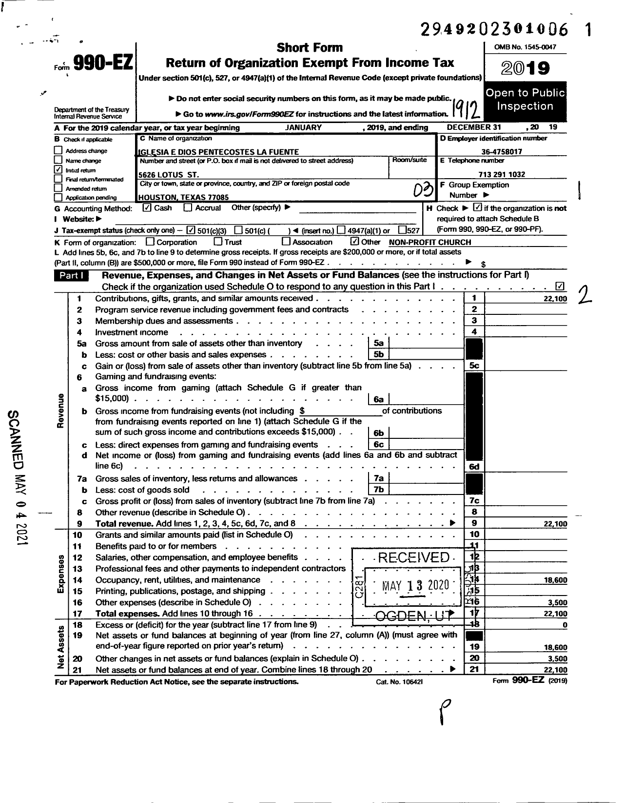 Image of first page of 2019 Form 990EZ for Iglesia de Dios Pentecostes La Fuente