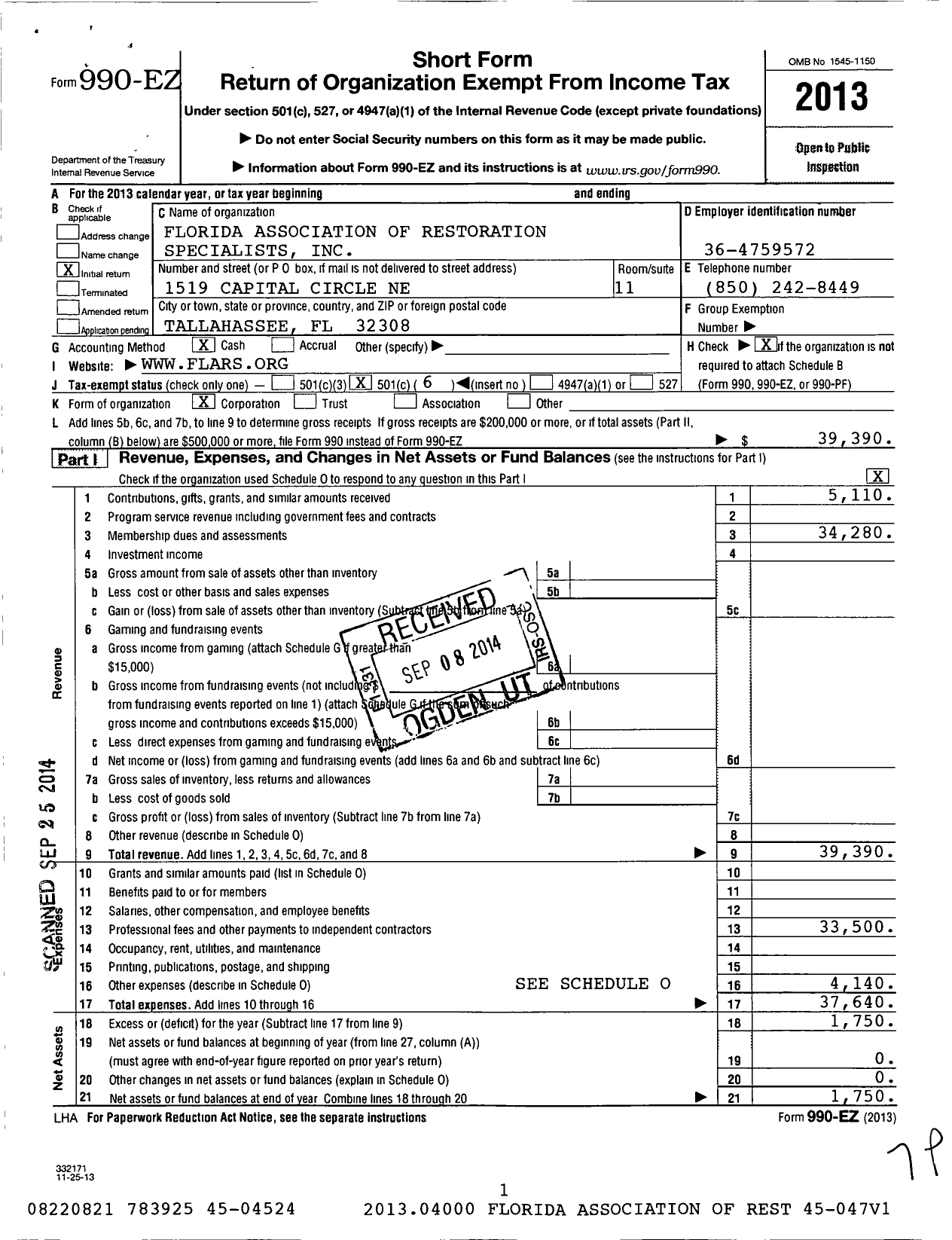 Image of first page of 2013 Form 990EO for Florida Association of Restoration Specialists